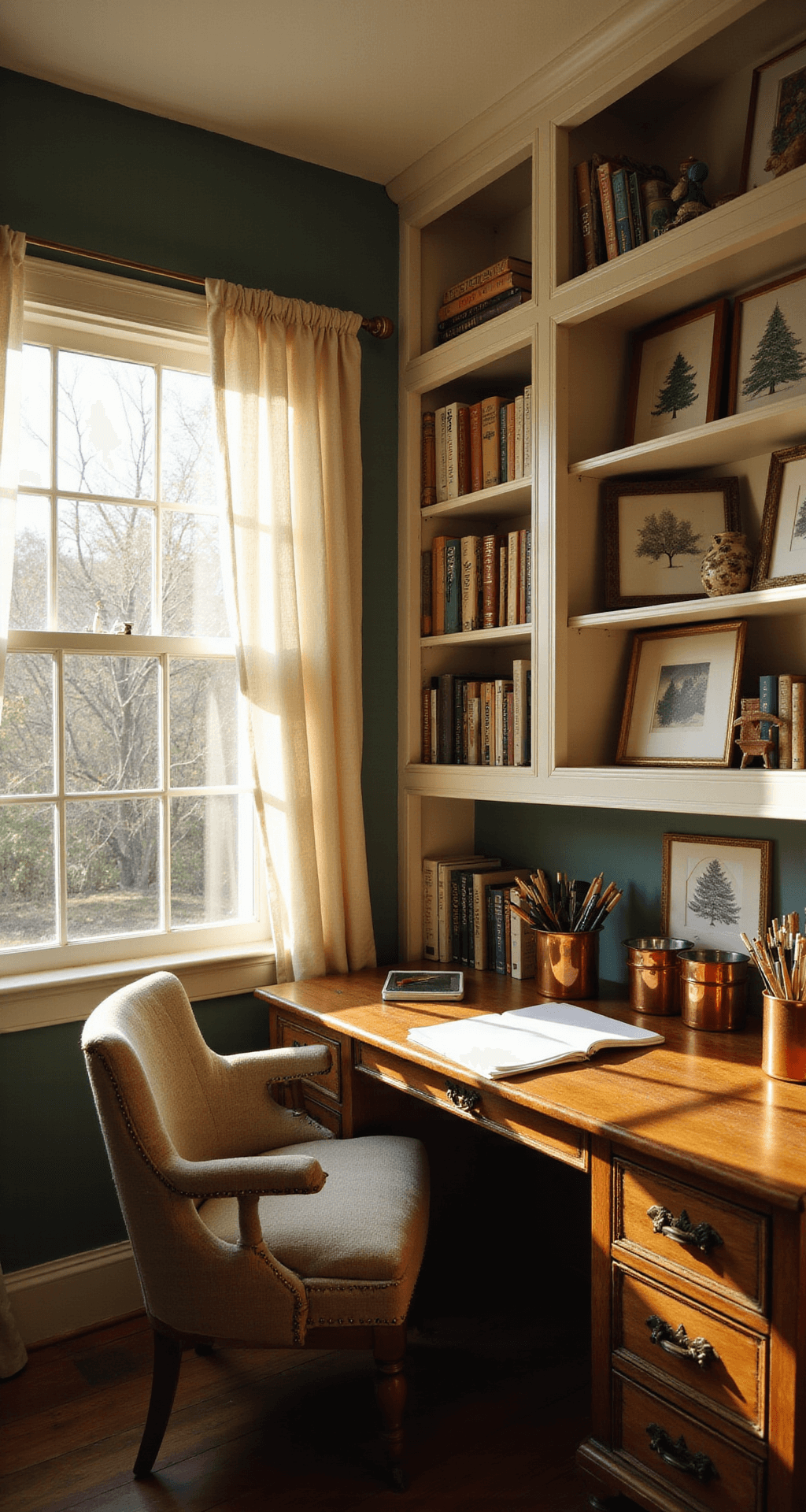 Cozy home office nook featuring built-in shelving with Christmas tree drawings and art books, warm cream walls with forest green accents, golden hour sunlight through gauzy curtains, a comfortable upholstered chair at an antique writing desk, and organized art supplies in copper containers.