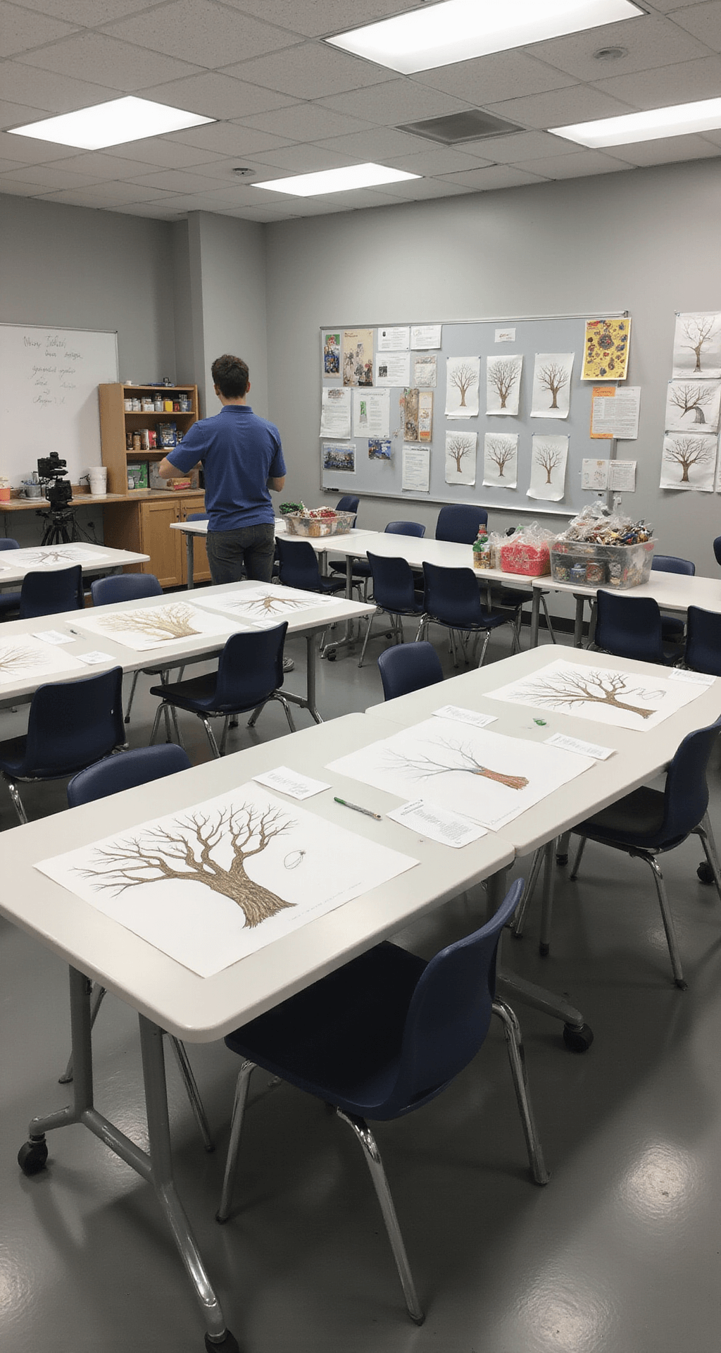 A modern classroom featuring track lighting, multiple workstations, and a white demonstration table at the front displaying a tree drawing process. Organized art supplies in clear containers and reference materials on pale gray walls, with a camera positioned to capture the entire layout. The room is designed in clean whites and grays, accented by holiday colors.