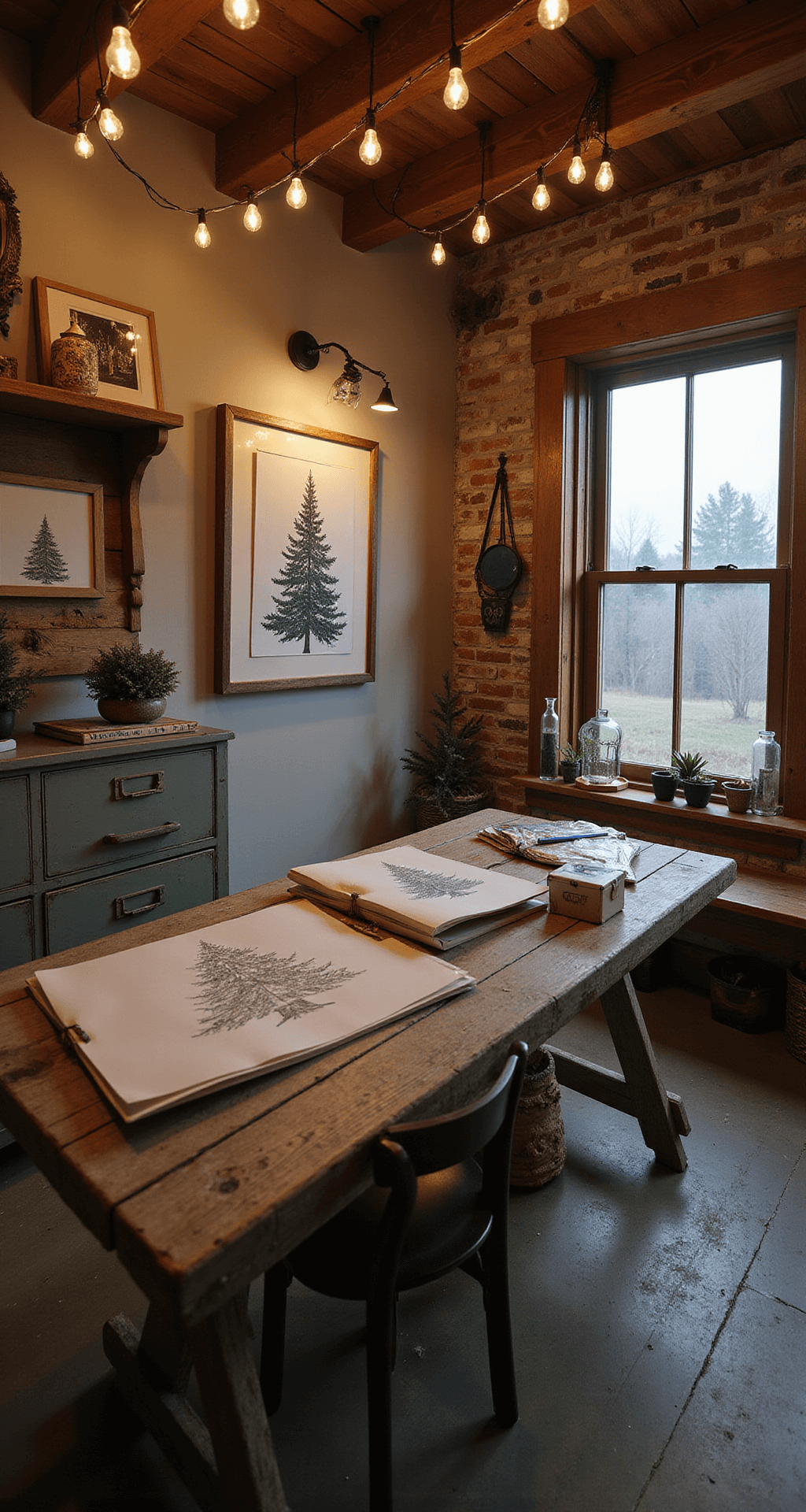 A cozy rustic craft room with exposed wooden beams, illuminated by string lights at dusk. A vintage flat file cabinet showcases Christmas tree artwork, while a distressed wooden table holds neatly arranged drawing materials. The low-angle shot highlights the warm, weathered neutrals and metallic accents in the inviting space.