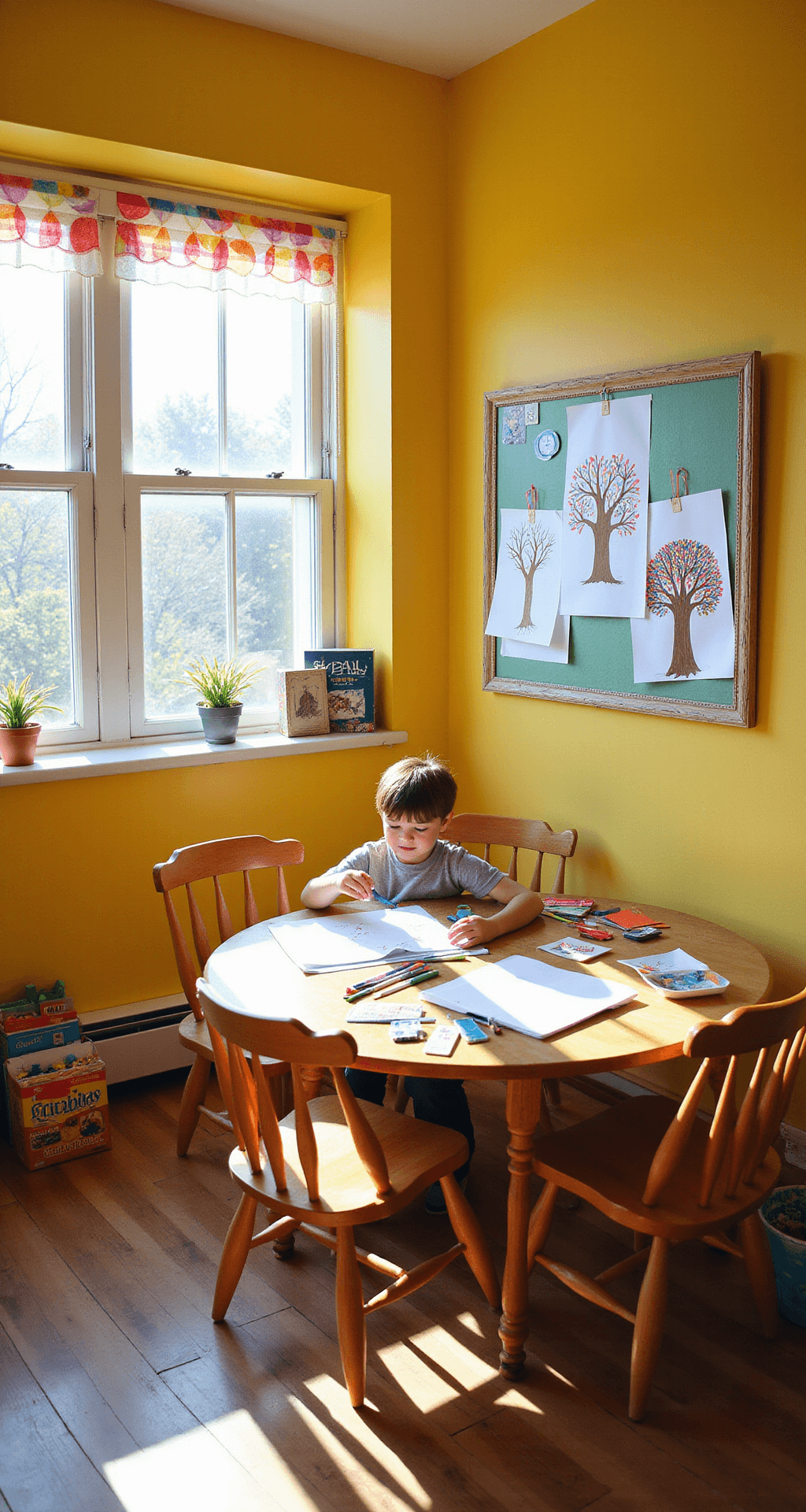A vibrant child's art corner featuring cheerful yellow walls, mid-morning light streaming through rainbow-trimmed windows, a kid-height table cluttered with colorful markers and unfinished tree drawings, and a magnetic board showcasing inspiring artwork, all viewed from a child's eye level.