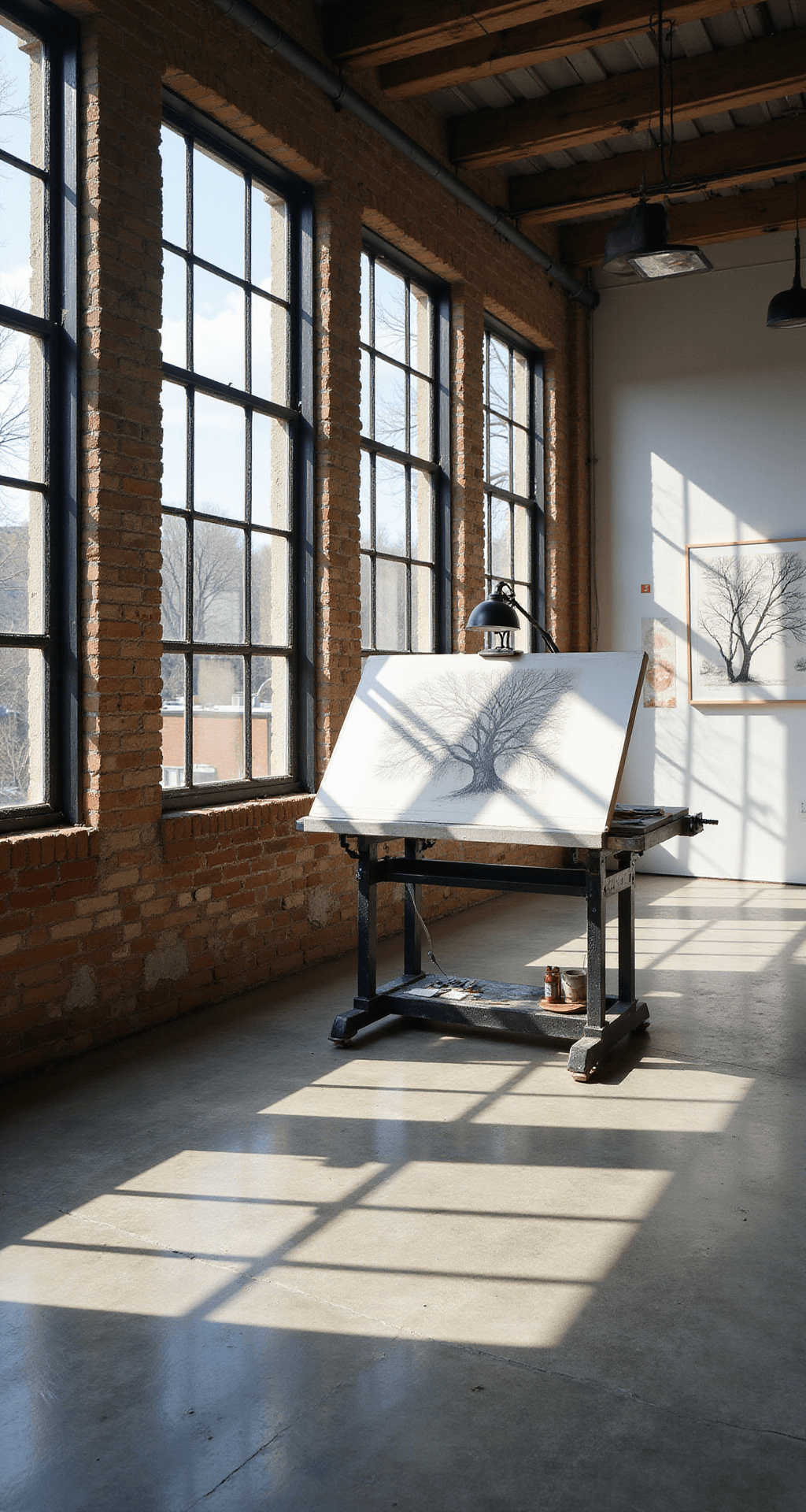 A wide-angle view of a professional artist's loft featuring industrial windows casting dramatic shadows on a polished concrete floor, a gallery wall displaying diverse tree drawing styles, and a modern steel drafting table with precision tools, all within a monochromatic color scheme accented by strategic color pops.