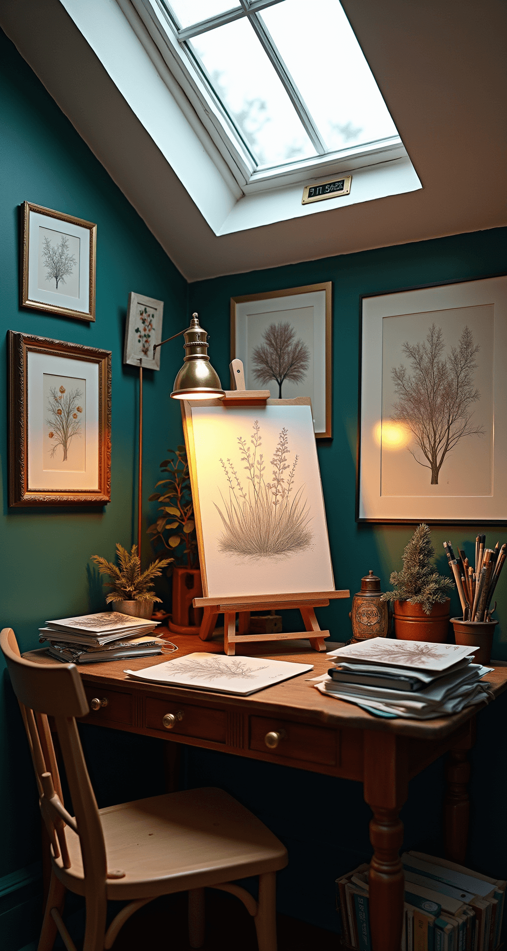 Intimate home studio featuring a drawing board on an antique easel, surrounded by botanical references and holiday inspiration, illuminated by a skylight and a vintage schoolhouse lamp, with art supplies arranged in a still life composition.