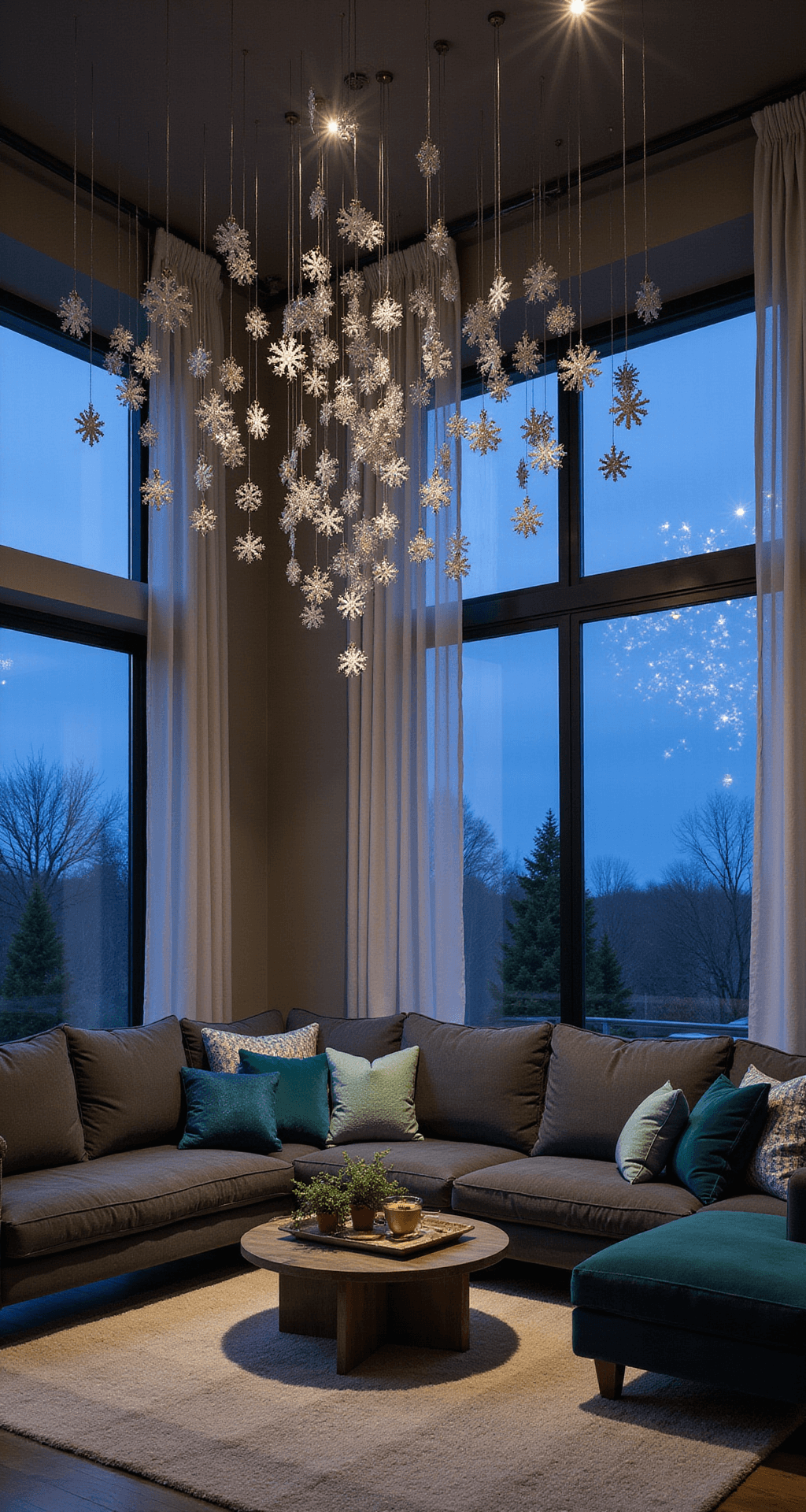 A dramatic great room at dusk featuring a 12ft ceiling adorned with cascading felt snowflakes, a modern charcoal sectional with velvet pillows in emerald and midnight blue, and clusters of matte frosted ornaments, all captured in soft focus with mixed blue hour window light and warm LED uplighting.