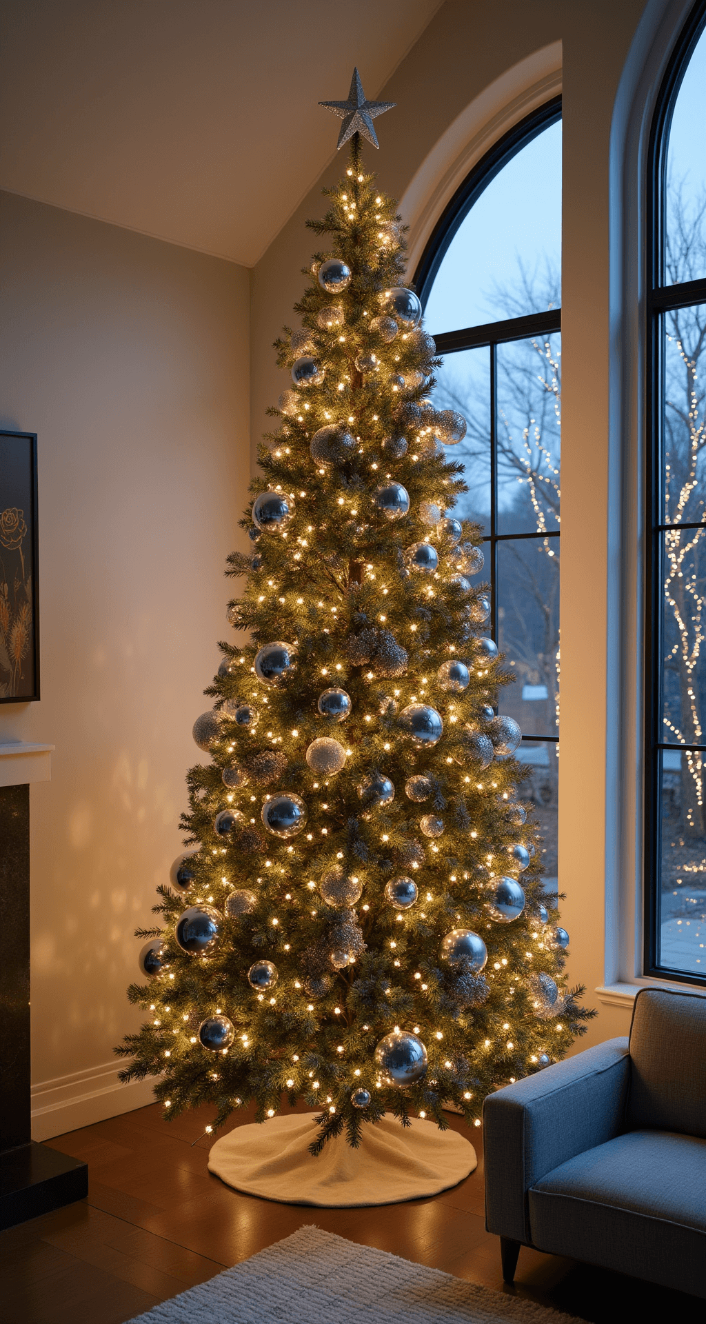 An elegant living room scene features a 14-foot space with a cathedral ceiling and a large bay window. Dusk light filters in, highlighting a 9-foot Christmas tree adorned with mirrored disco balls of various sizes. The tree is positioned in an alcove, surrounded by a modern grey sectional. Metallic silver and crystal decorations create shimmering reflections, while champagne-toned garland weaves through the branches. The low camera angle emphasizes the height and grandeur of the room, enhancing the glamorous, celebratory atmosphere.
