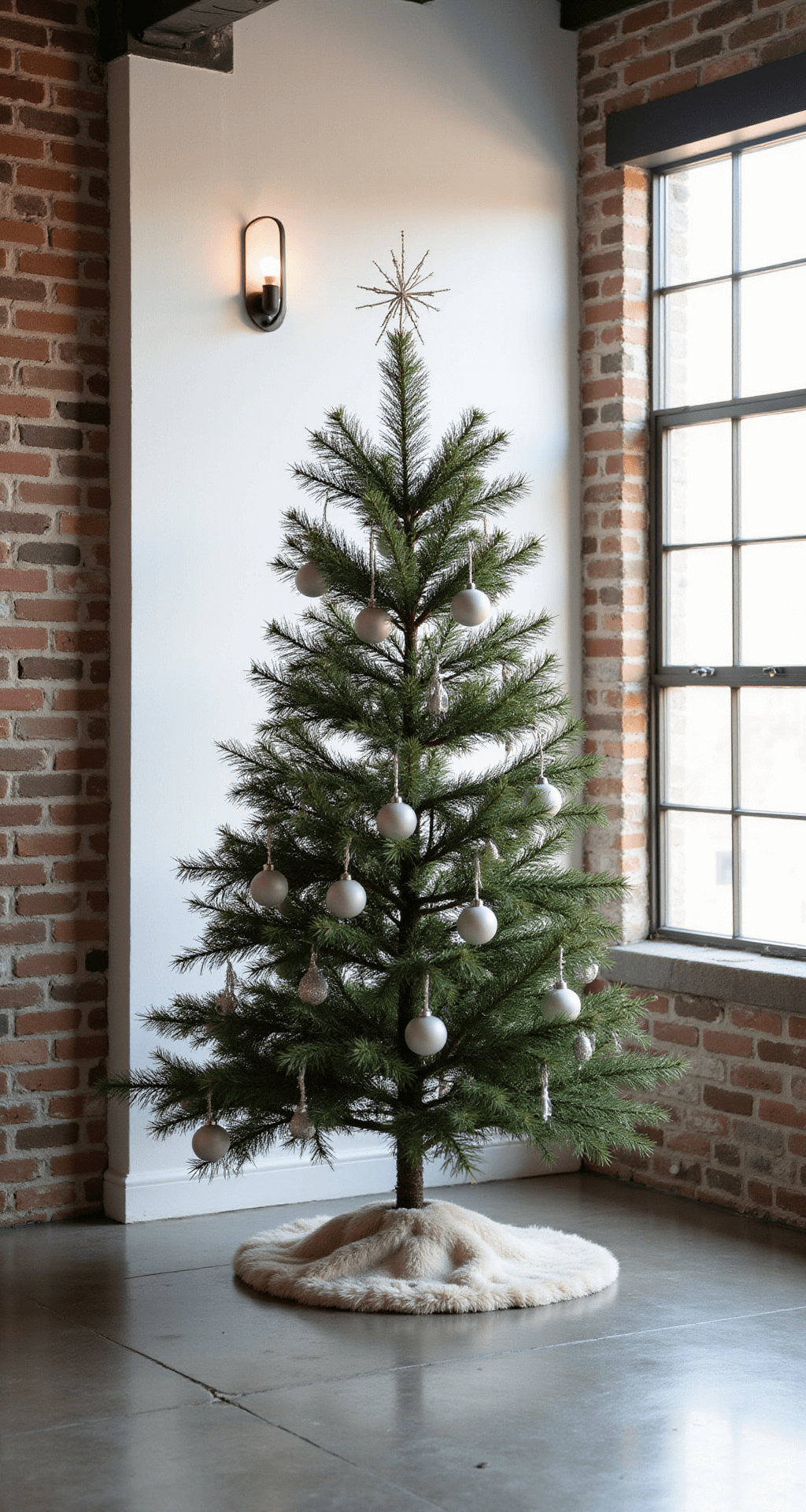 A minimalist modern loft featuring exposed brick walls and polished concrete floors, illuminated by early morning light through large windows. A 7-foot slim artificial pine, sparsely decorated with matte white ceramic balls and delicate silver threads, stands against a white wall beneath a geometric pendant light. A cream sheepskin tree skirt adds texture to the scene, which is captured in a straight-on medium shot that emphasizes clean lines and negative space, evoking a serene and sophisticated atmosphere.