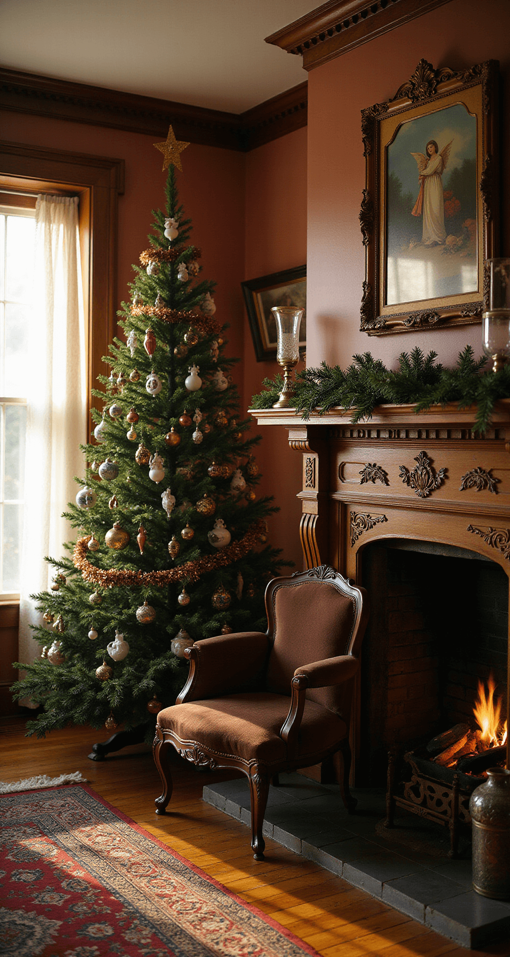 Cozy Victorian parlor featuring original hardwood floors and an ornate fireplace mantel, illuminated by warm golden hour light streaming through lace curtains. An 8-foot fraser fir tree adorned with vintage hand-painted glass ornaments from the 1950s and tarnished tinsel stands gracefully nearby, with ceramic angels nestled among the branches. A vintage velvet armchair rests comfortably nearby, and mercury glass hurricanes embellish the mantel, creating an intimate and nostalgic atmosphere enhanced by the warm glow of the fireplace.