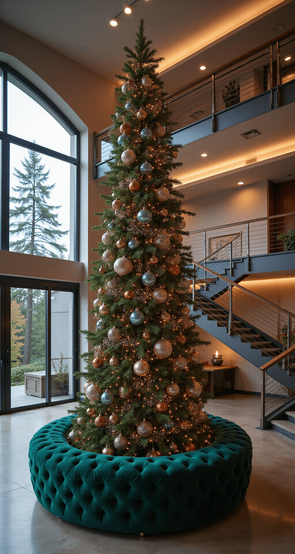 A contemporary open-plan living space featuring a floating staircase and 20-foot ceilings, illuminated by dramatic evening lighting. The scene includes a towering 12-foot noble fir adorned with velvet ribbons, oversized metallic ornaments, and cascading crystal strands. An emerald velvet sofa adds a luxurious touch, viewed from a mezzanine angle that highlights the opulent and energetic atmosphere.