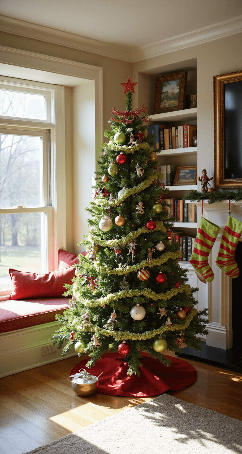A whimsical family room featuring built-in bookshelves and a cozy window seat, illuminated by mid-morning light casting playful shadows. The focal point is a 7.5-foot Whoville-themed Christmas tree adorned with a curved topper, lime green and red striped ornaments, character figurines, and swirling ribbon garland. Coordinating stockings hang from floating shelves, creating a playful and magical storybook atmosphere, captured from an eye-level front view.