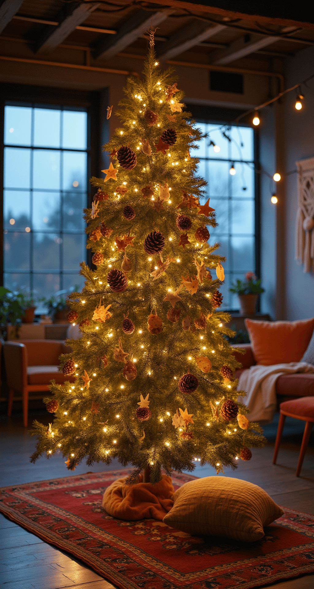An intimate view of a bohemian studio apartment featuring exposed beams and macramé wall hangings, illuminated by twilight blue hour light streaming through industrial windows. A 6-foot tree adorned with DIY decorations like painted pinecones, paper stars, dried orange slices, and handmade clay ornaments stands on a vintage kilim rug. The close-up details transition to reveal the entire tree, creating an artistic and eclectic atmosphere.