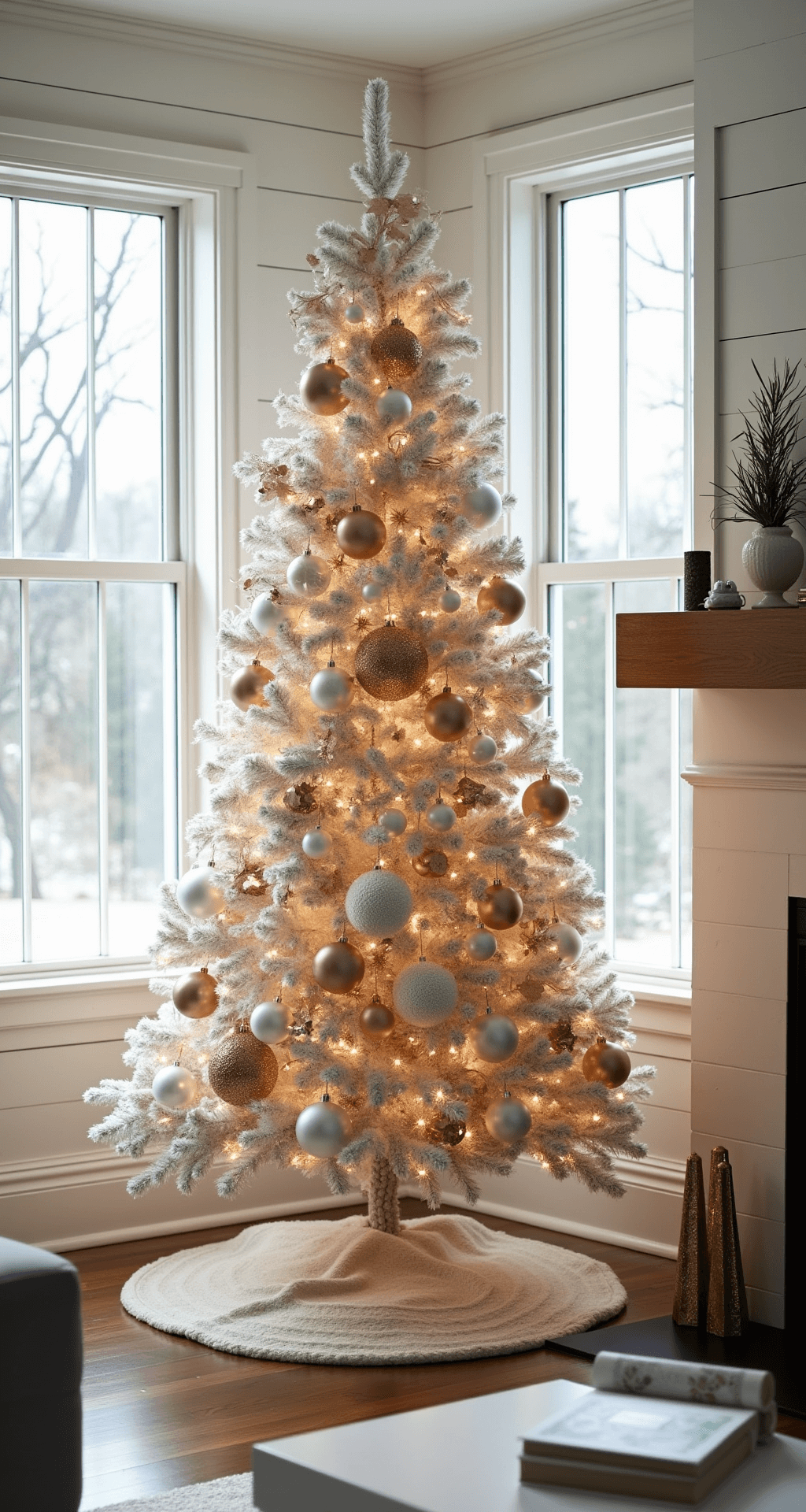A modern farmhouse great room features shiplap walls and a reclaimed timber mantel under morning sunlight. A 9-foot flocked artificial tree adorned with champagne, pearl, and gold ornaments stands in the corner, complemented by mixed metallic finishes and a cream cable-knit tree skirt. The scene captures a classic three-quarter view, highlighting the room’s elegant simplicity and refined ambiance.