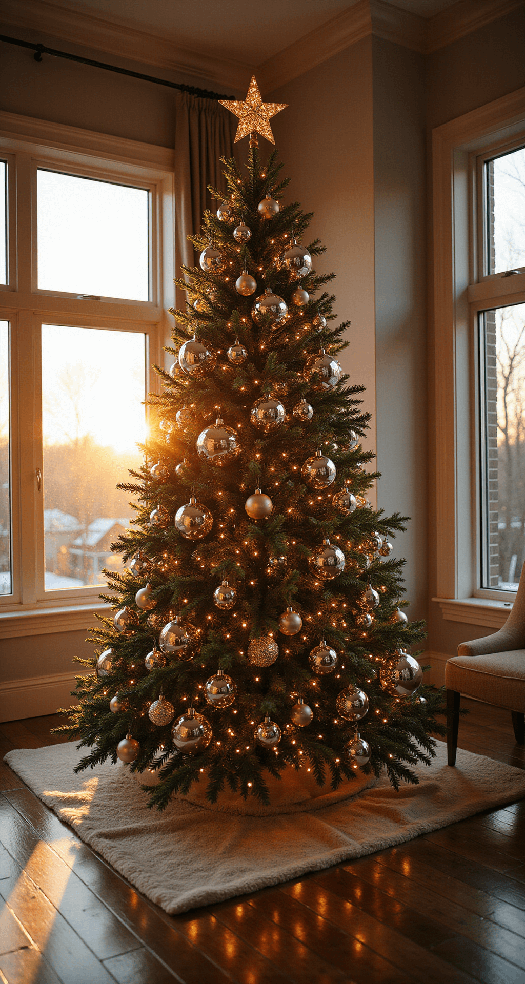 A luxurious living room corner with a majestic Christmas tree decorated with disco ball ornaments, illuminated by golden hour light, showcasing sparkling metallic baubles and warm ambient lighting.