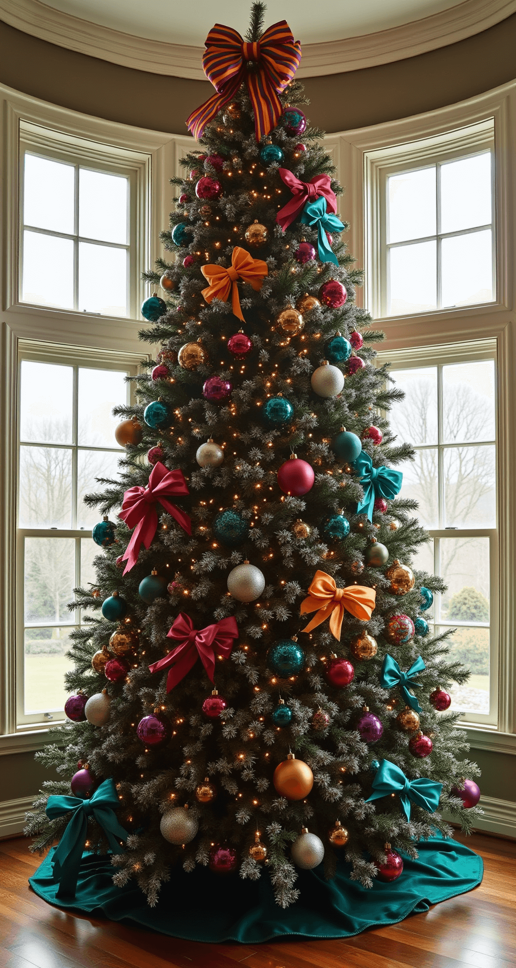 A grand 15ft tree adorned with oversized jewel-toned bows and rainbow-colored ornaments stands majestically in a Victorian-style bay window, with playful silver tinsel sparkling in the afternoon light, captured from a low angle to emphasize its height and grandeur.