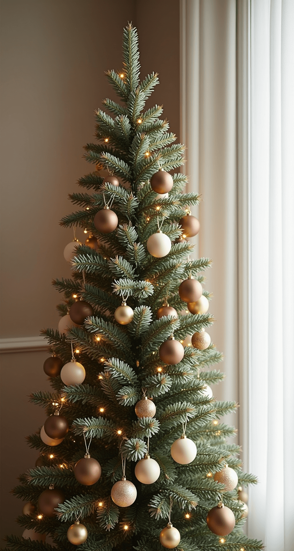 A slim 7ft tree adorned with mocha, champagne, and ivory ornaments stands in a modern minimalist apartment, illuminated by soft morning light, showcasing a blend of matte and glossy textures in a warm color palette.