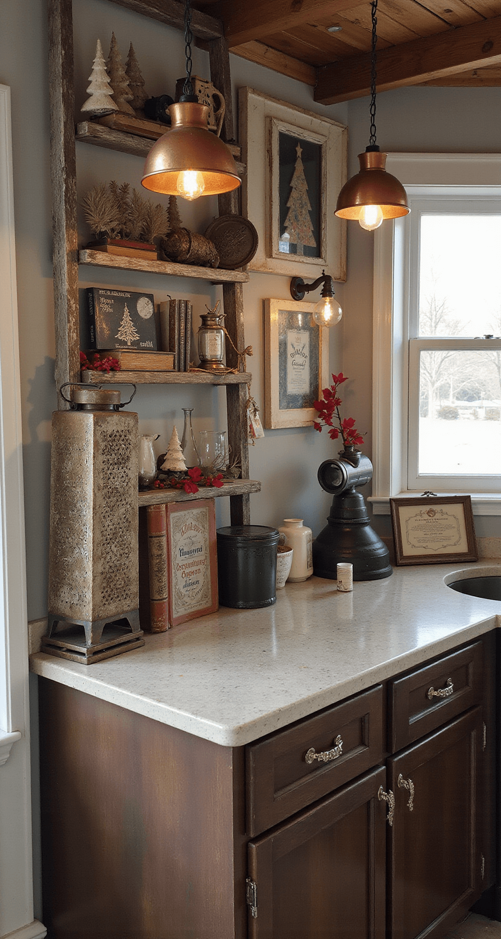 An eclectic kitchen vignette showcasing upcycled Christmas decor, featuring vintage copper graters as pendant lights, a weathered ladder bookshelf displaying antique cookbooks shaped like trees, and salvaged window frames with holiday scenes, all captured from counter height with a soft focus on the repurposed details and highlighted metallic patina.