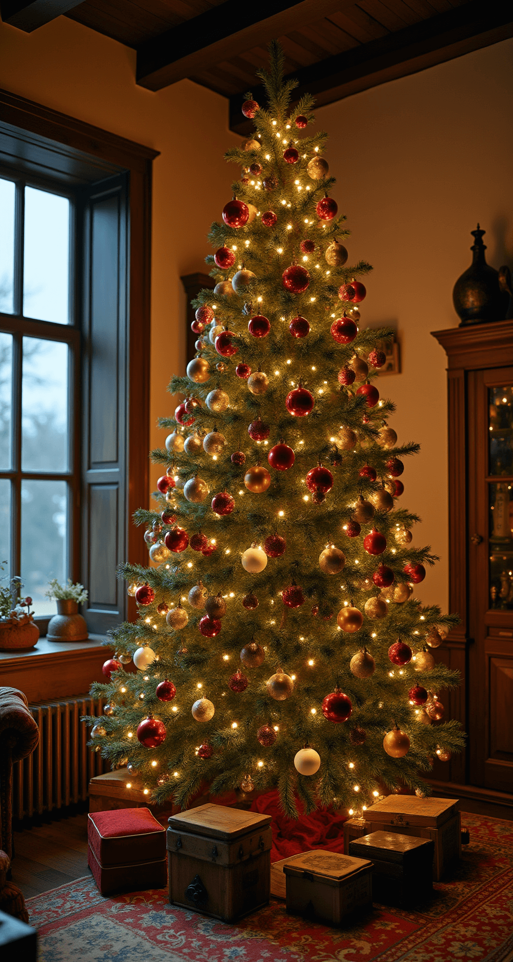 A high-ceiling living room at dusk, showcasing a 9ft traditional Christmas tree decorated with vintage glass baubles and antique ornaments. Warm lamp light casts a nostalgic glow, highlighting historical details in an old-world color palette of muted reds, forest greens, aged gold, and patinated silver.