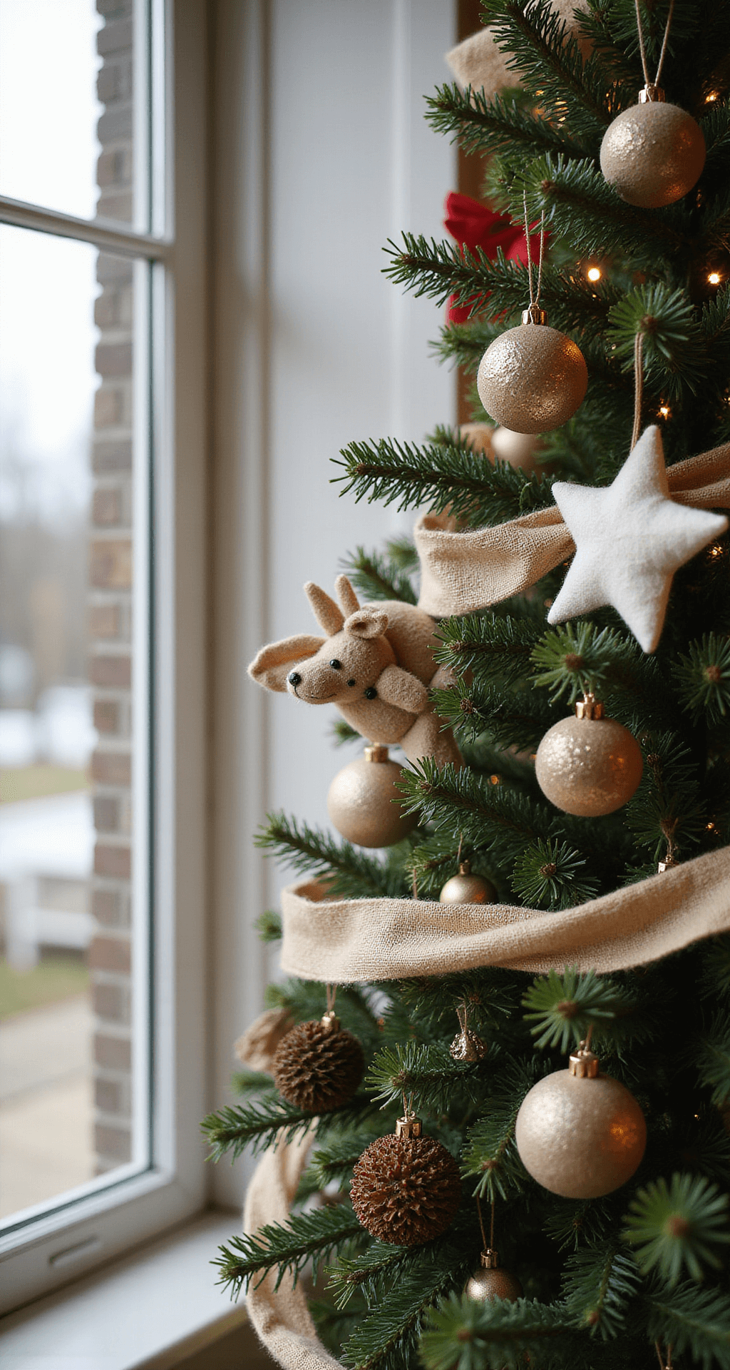 A cozy 6-foot tree adorned with handmade decorations such as felt animals, paper stars, and craft material ornaments, illuminated by soft morning light streaming through French doors. The shallow depth of field highlights the textures and details, featuring a color palette of natural linen, kraft paper brown, forest green, and traditional red accents.