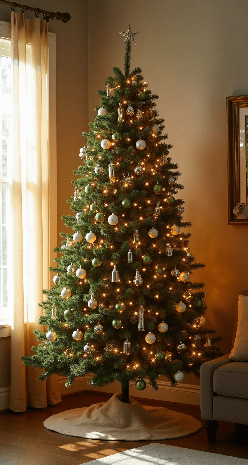 A beautifully decorated 8ft Christmas tree in a modern farmhouse corner, illuminated by golden afternoon light. Sheer curtains gently filter the sunlight, while warm white fairy lights and mixed metallic ornaments in gold and silver create a sparkling effect, enhancing the tree's silhouette. The color palette features warm gold, cool silver, and lush green needles peeking through.