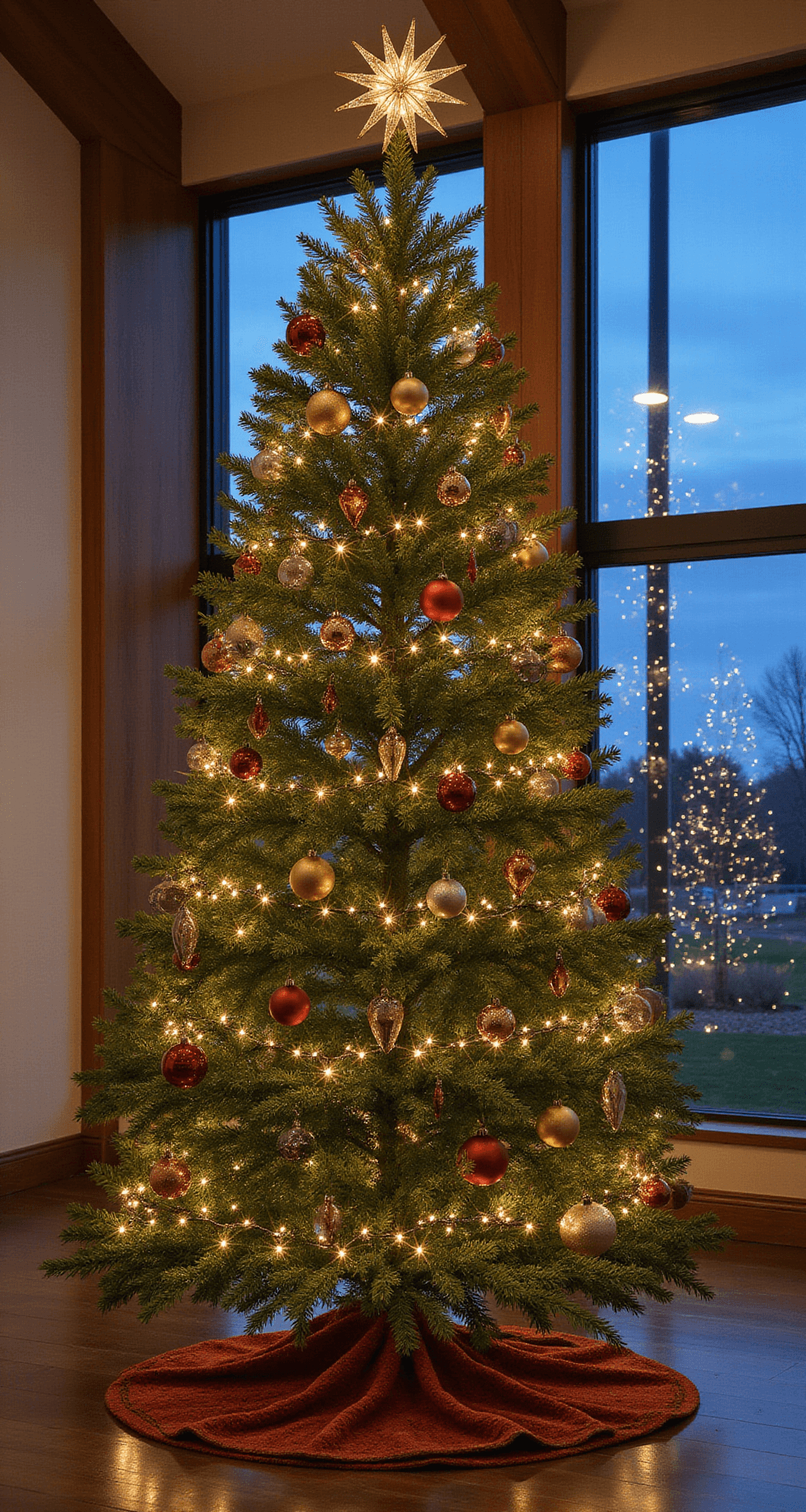 Professional interior image of a dramatic 10ft tree in a contemporary great room, blending nostalgic vintage glass baubles with sleek metallics, illuminated by tree lights during blue hour. The composition is symmetrical, featuring a color palette of deep evergreen, antique gold, burnished copper, and crystal clear.