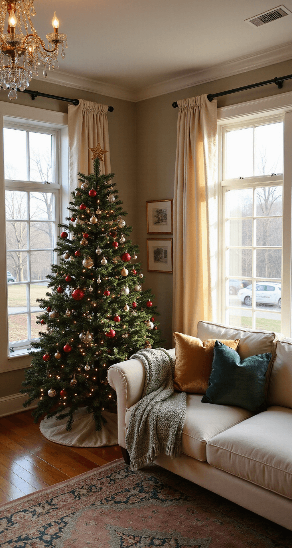 Spacious living room at golden hour with sunlight filtering through sheer white curtains, featuring a 9ft Christmas tree adorned with vintage ornaments, a plush cream sectional, hardwood floors, vintage Persian rug, and dimmed crystal chandelier, shot from a low angle with a bokeh effect on string lights.