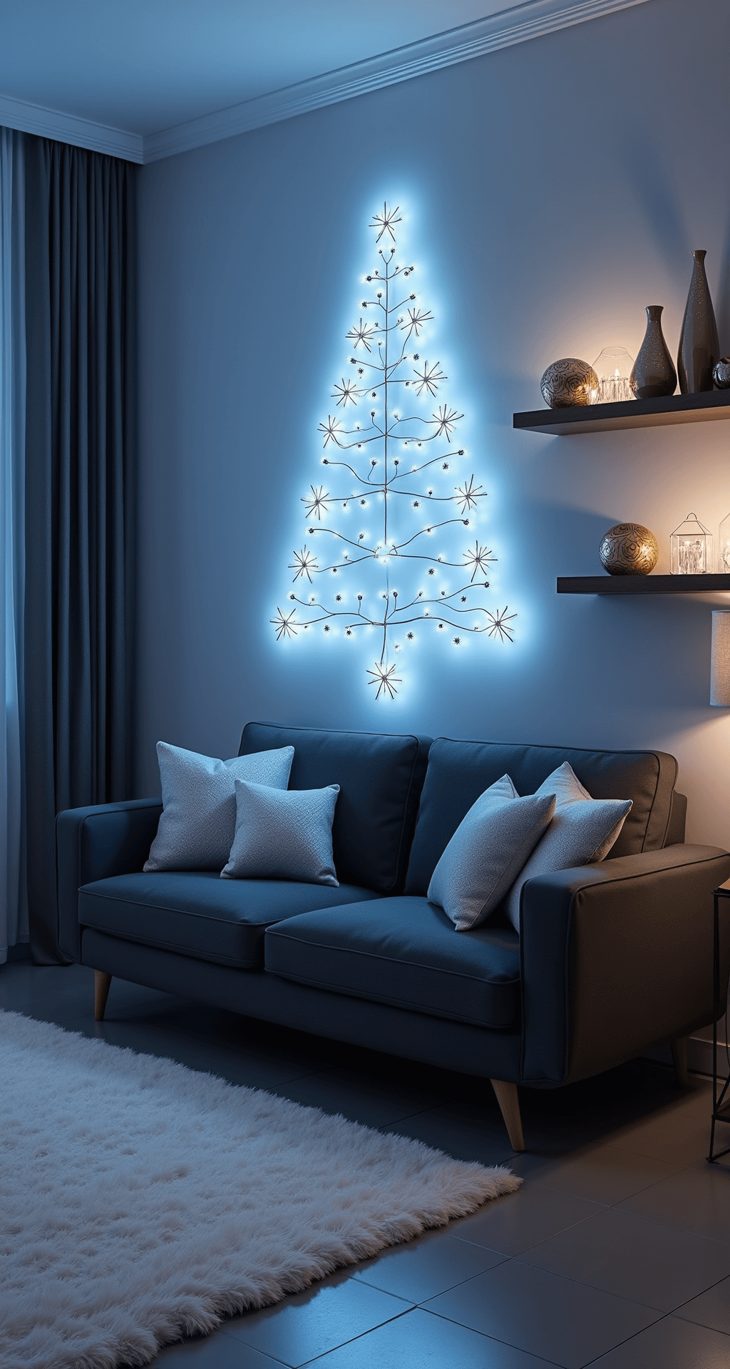 A modern apartment living space featuring a minimalist wall-mounted Christmas tree made from ice blue LED string lights, a charcoal grey loveseat with silvery shimmer accent pillows, and floating shelves with geometric ornaments. The polished concrete floors are softened by a white shag rug, with a cool temperature lighting casting an ethereal glow in the dusk setting.