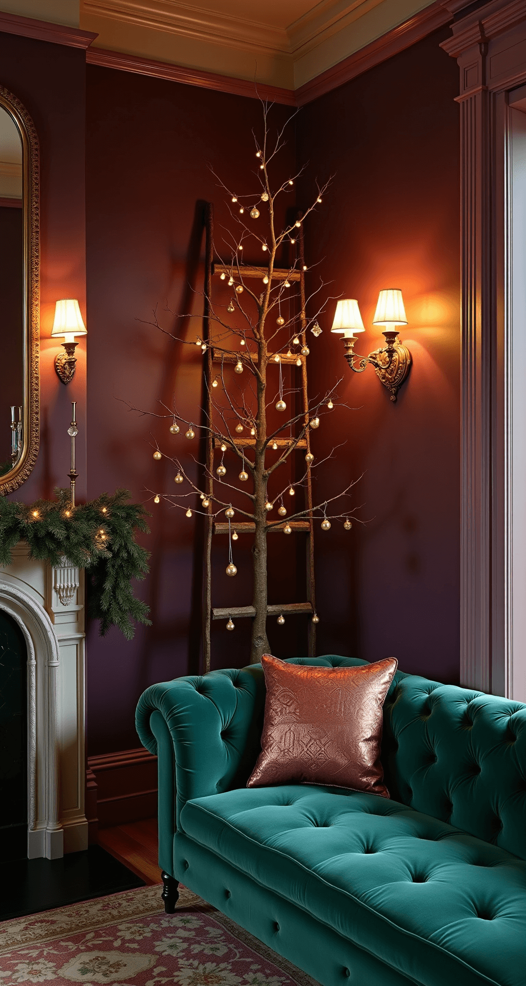 A Victorian-style living room at twilight, featuring deep plum walls, an emerald green tufted velvet chesterfield, a dramatic ladder tree display with vintage gold ornaments, and a fireplace mantel adorned with pine garland and twinkling lights, all illuminated by warm crystal sconces.