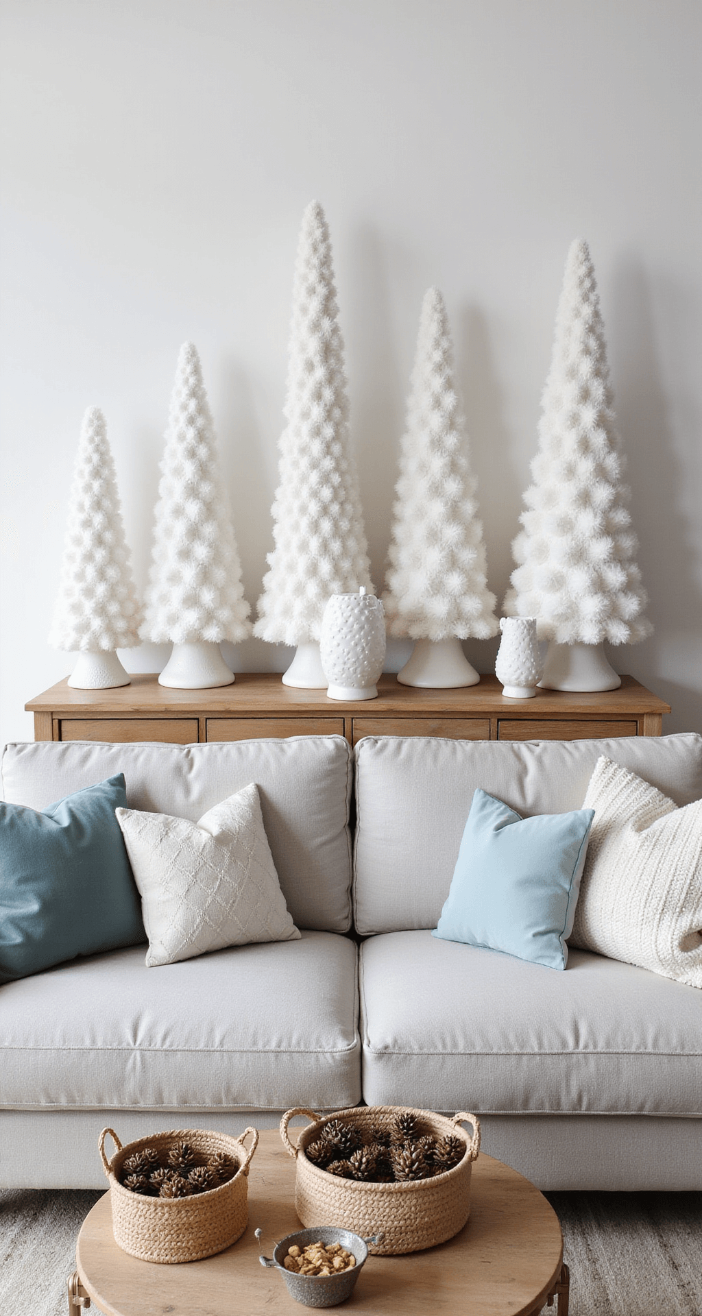 A Scandinavian-inspired living space featuring a light gray linen sofa with ice blue velvet pillows, a blonde wood console adorned with white ceramic tabletop trees, and natural woven baskets filled with pinecones, all bathed in morning light with a bright, airy atmosphere.