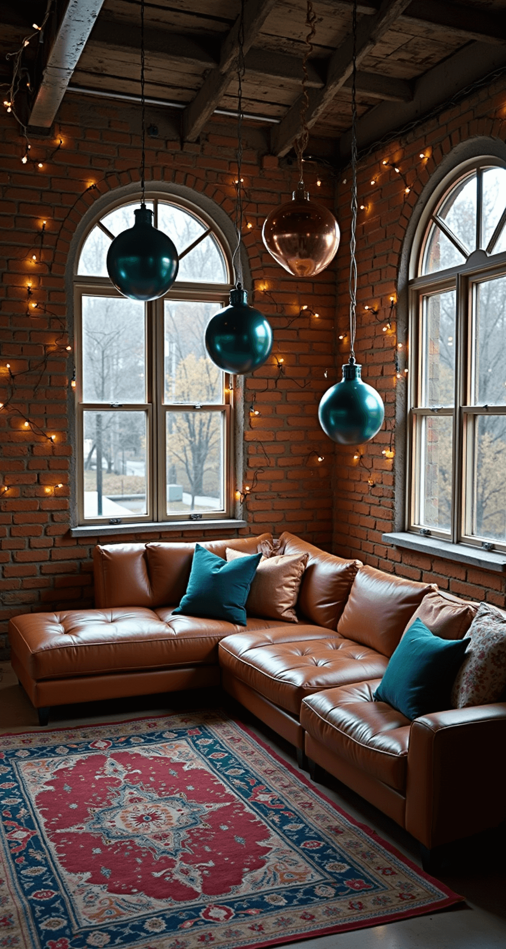 A midnight view from a mezzanine of an industrial loft living area, featuring exposed brick walls, a leather sectional with metallic throw pillows, and a vintage Persian rug. Oversized ornaments hang from ceiling beams in a teal and copper Christmas display, while warm white string lights wrap the factory windows, casting dramatic shadows and highlights.