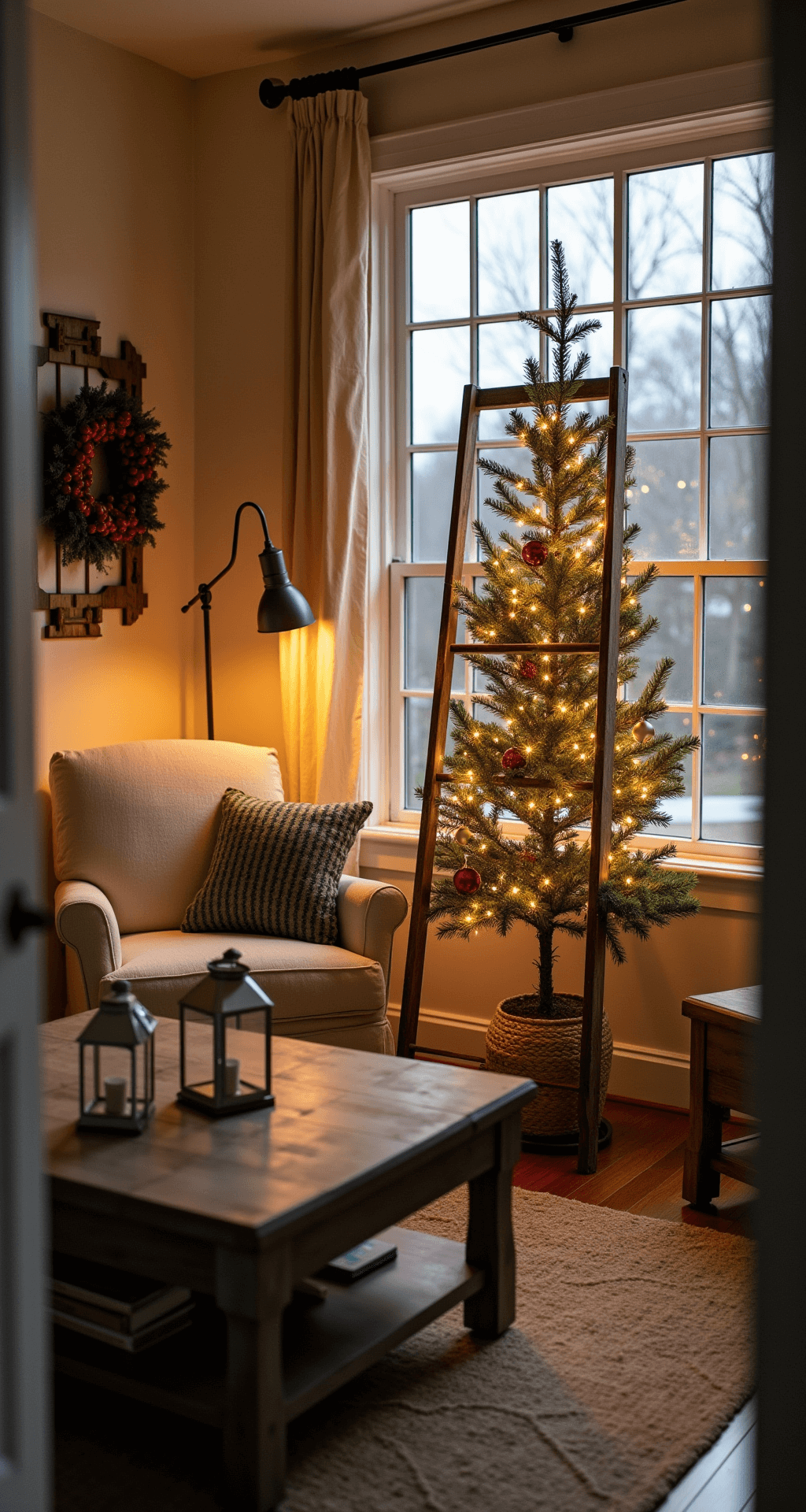 A cozy cottage living room at sunset, featuring a vintage ladder Christmas tree adorned with lights and ornaments, a natural linen slipcovered armchair, and a weathered wood coffee table with lanterns, all bathed in warm golden hour light.