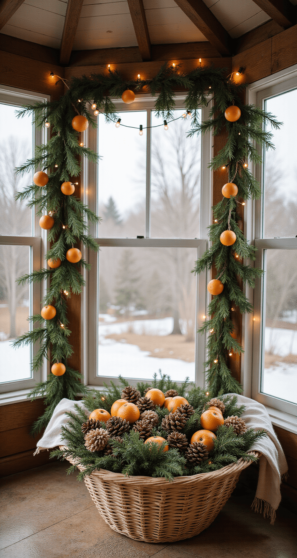 A cozy sunroom filled with natural elements, featuring floor-to-ceiling windows revealing a winter garden, dried orange garlands entwined with pine branches on exposed beams, and an oversized woven basket of pinecones and cinnamon bundles, all illuminated by warm golden hour light and string lights among greenery.