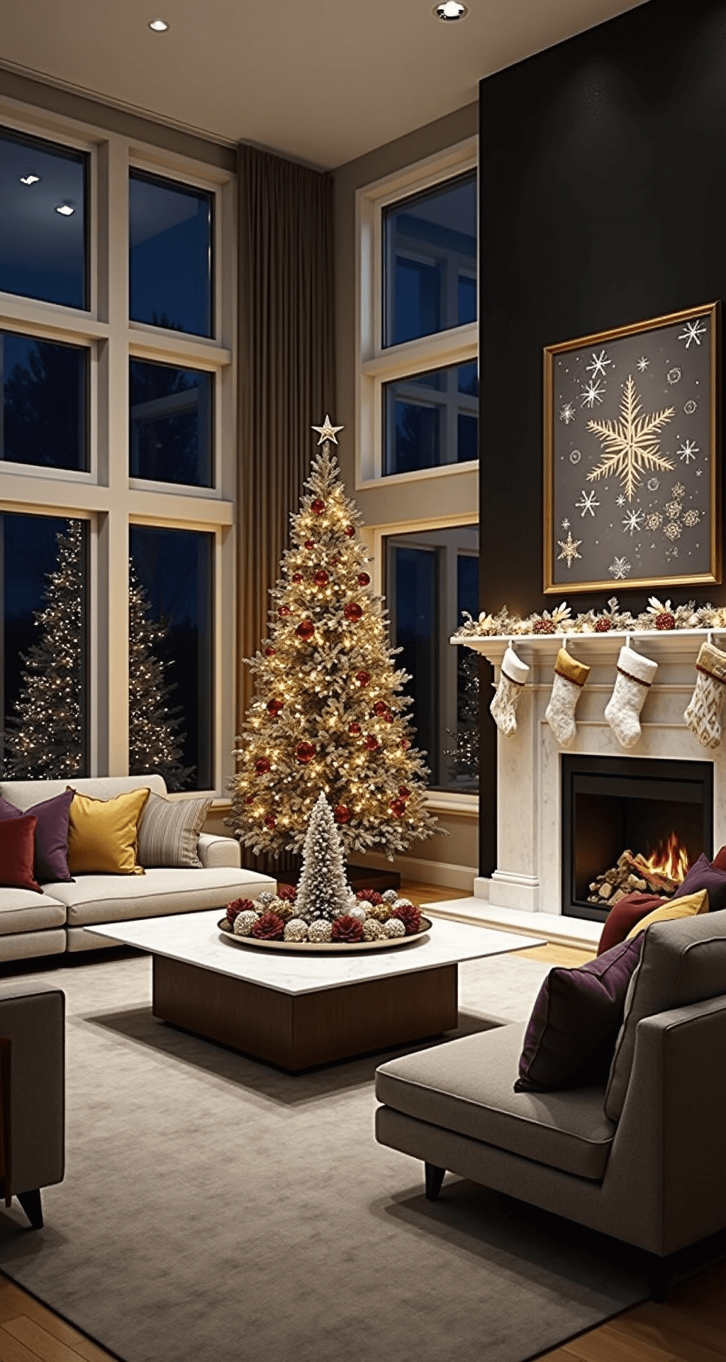 A contemporary open-concept living space at night featuring floor-to-ceiling windows reflecting Christmas lights, a three-tier tabletop tree collection in mixed metallics, a cloud-grey sectional with plum and gold pillows, and a dramatic black accent wall with LED snowflake projections, viewed from the kitchen entrance. The white marble fireplace displays geometric stockings, all illuminated by theatrical lighting with focused spots.