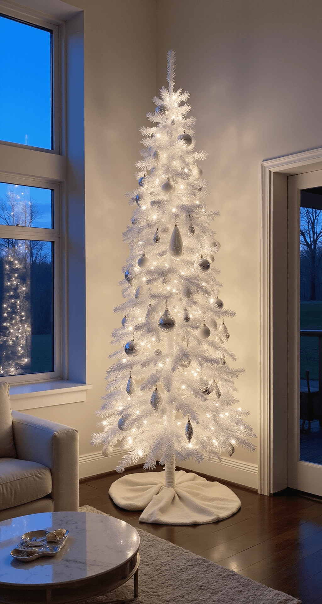 Interior of a modern living room featuring a tall white Christmas tree adorned with white ornaments and illuminated by warm LED lights, a plush cream sectional sofa, and a white marble coffee table, all set against large bay windows during twilight, creating a serene and ethereal atmosphere.