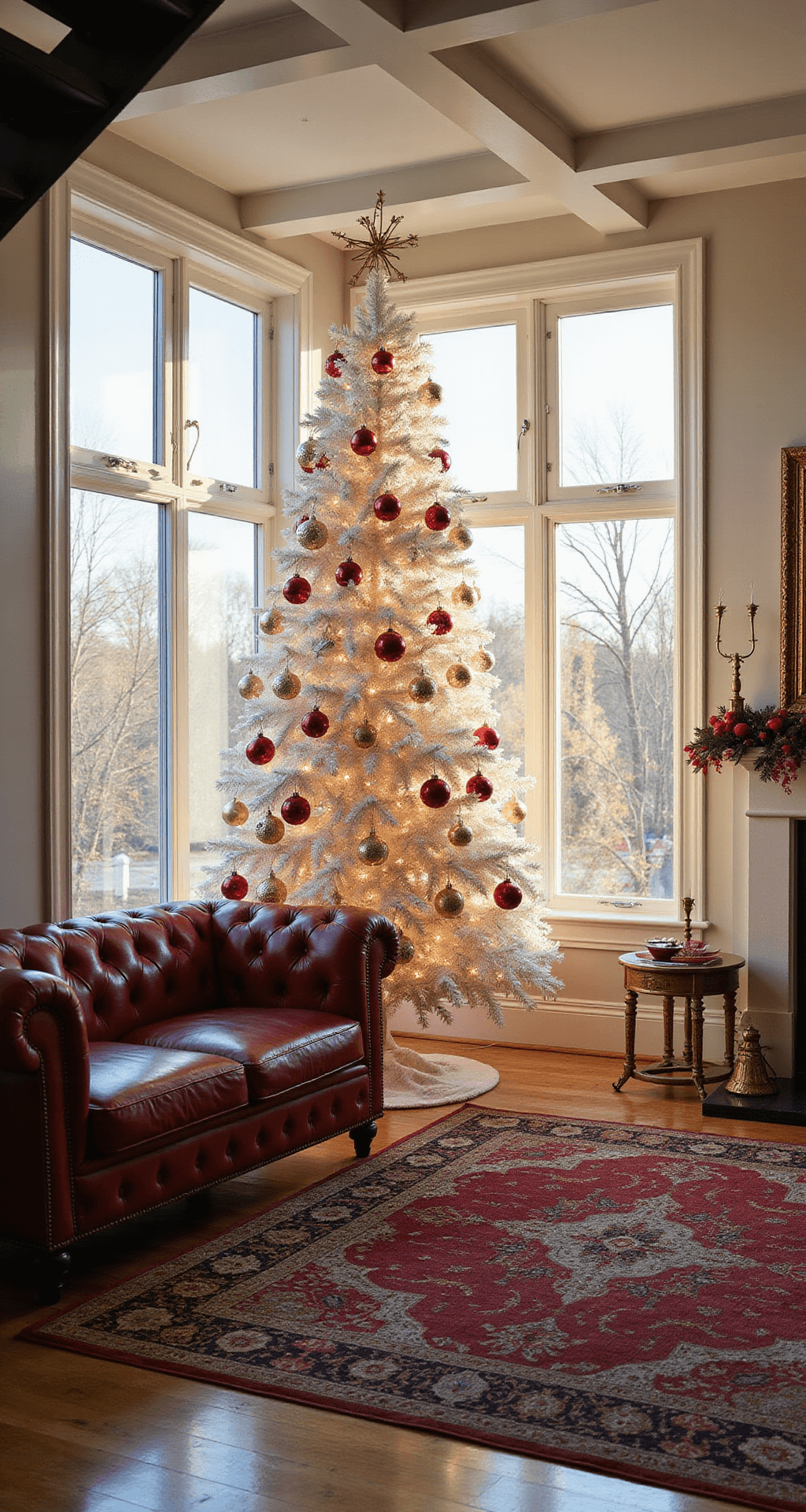 A beautifully decorated open-concept living space featuring a dramatic white Christmas tree adorned in deep crimson and gold, positioned between floor-to-ceiling windows. The room is illuminated by golden hour sunlight, highlighting metallic ornaments on the tree. A rich leather Chesterfield sofa and brass side tables are visible, along with a vintage Persian rug in deep reds. The scene is viewed from an elevated position on a staircase landing, creating a warm and romantic holiday ambiance.