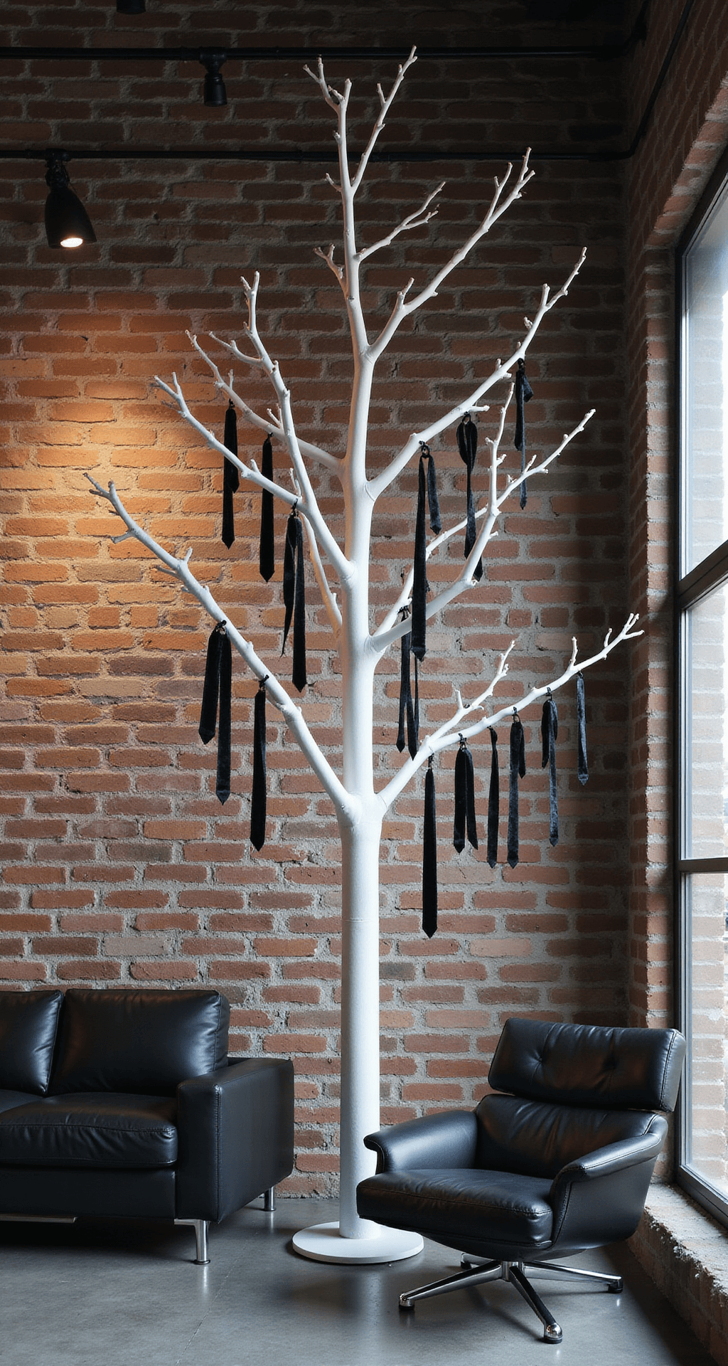 A minimalist loft featuring an 18ft exposed brick wall, a 7ft white tree adorned with black and white geometric ornaments and velvet ribbons, polished concrete floors, and mid-century modern black leather and chrome furnishings, all captured from a corner perspective with dramatic high contrast lighting and shadows.