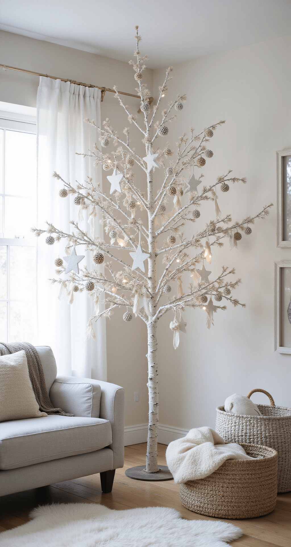 A serene Scandinavian-inspired living space featuring a white tree adorned with natural wooden stars, white-painted pinecones, and linen ribbons, illuminated by morning light through sheer curtains, with light gray upholstered furniture, sheepskin throws, and woven baskets, captured with a shallow depth of field.