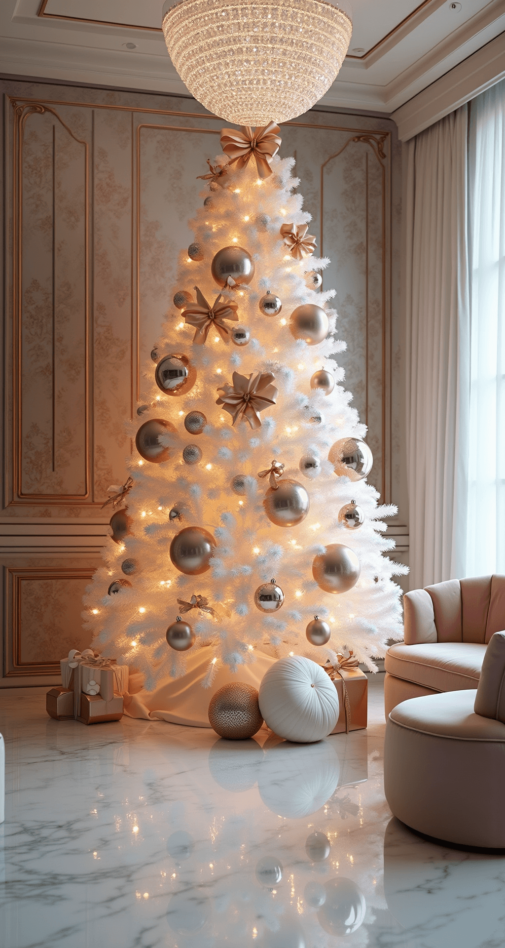Luxurious penthouse interior featuring a metallic wallpaper accent wall, a white tree adorned with rose gold and champagne ornaments, oversized bows, and mirror ball accents. Crystal chandelier above casting light patterns, complemented by white marble floors and blush velvet furnishings. Shot from a low angle with soft lighting and sparkle effects.