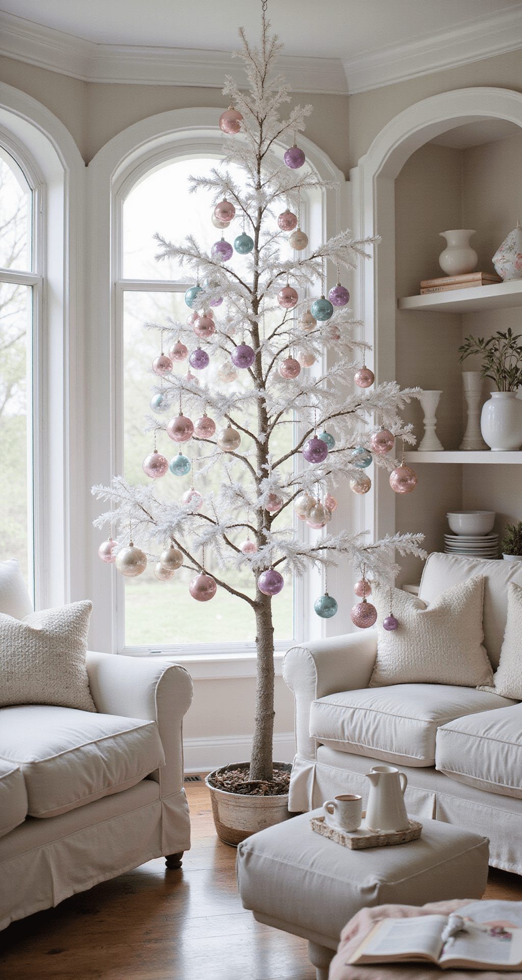 Whimsical cottage interior featuring pastel rainbow decorations, a white tree with ornaments, vintage milk glass collection, and comfortable slip-covered furniture, all illuminated by natural light through multiple windows.