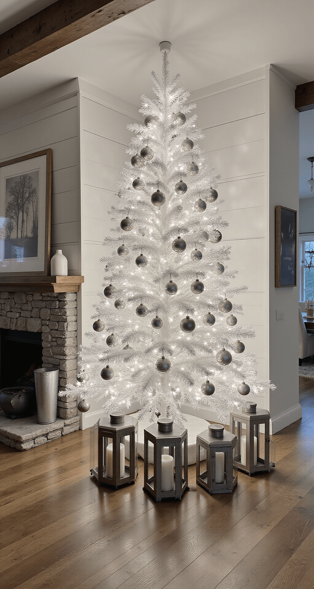 A cozy modern farmhouse great room featuring a shiplap design, illuminated by a glowing white tree adorned with cool LED lights and frost-like metallic ornaments. Large silver lanterns frame the scene, while a gray stone fireplace and white leather seating create a refined atmosphere. Rustic beam mantel adds charm, all captured in an evening shot from the adjacent dining area.
