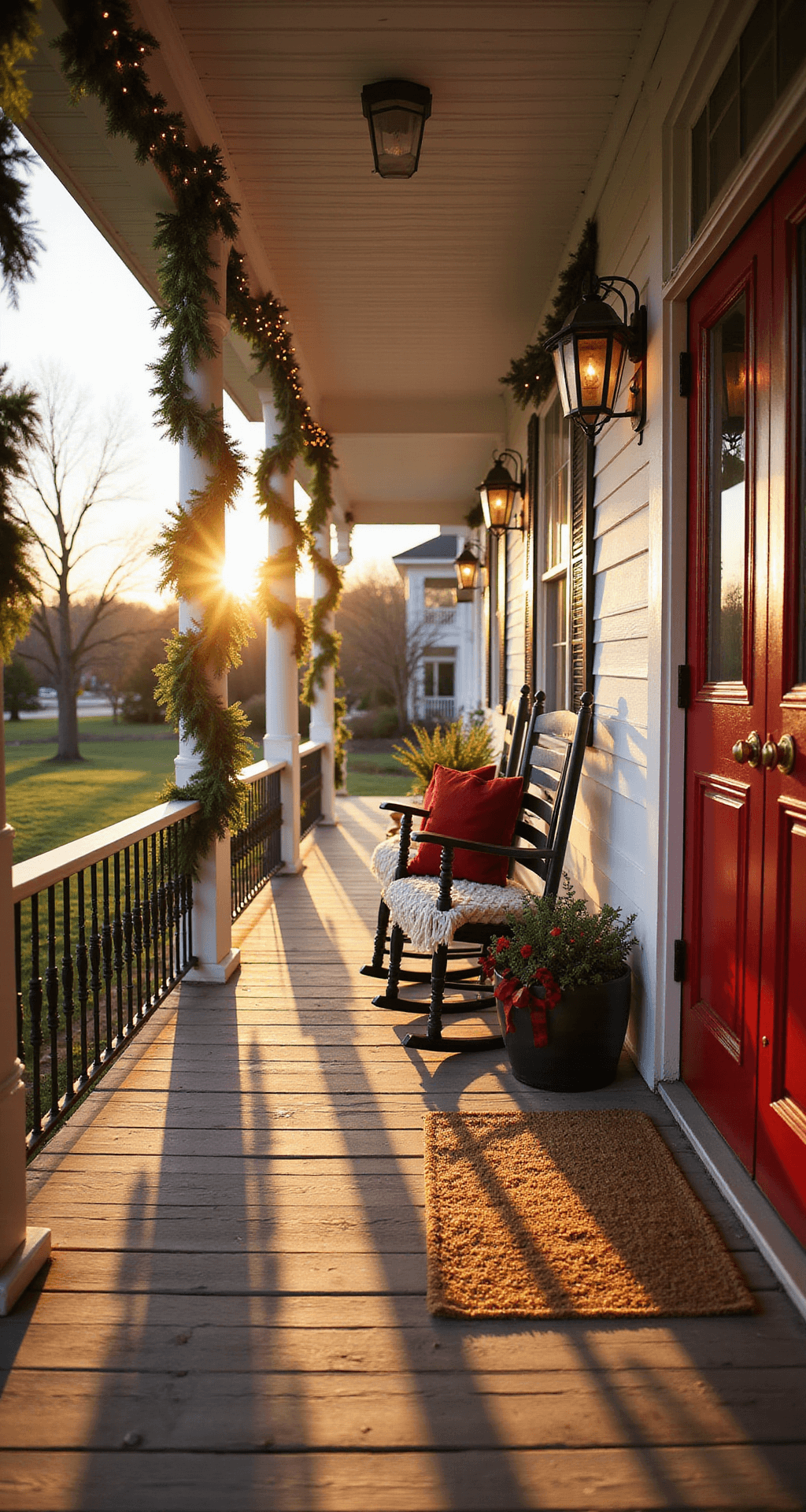 A Southern-style veranda at golden hour with white columns, weathered wooden floorboards, and a classic red and green theme. Fresh pine garlands with warm white lights drape the columns, and oversized brass lanterns flank a glossy red double door. Layered jute and plaid doormats sit at the entrance, while black rocking chairs are adorned with cream throws and red pillows. The shot captures the porch's width from a low angle, emphasizing depth with sunlight casting shadows.