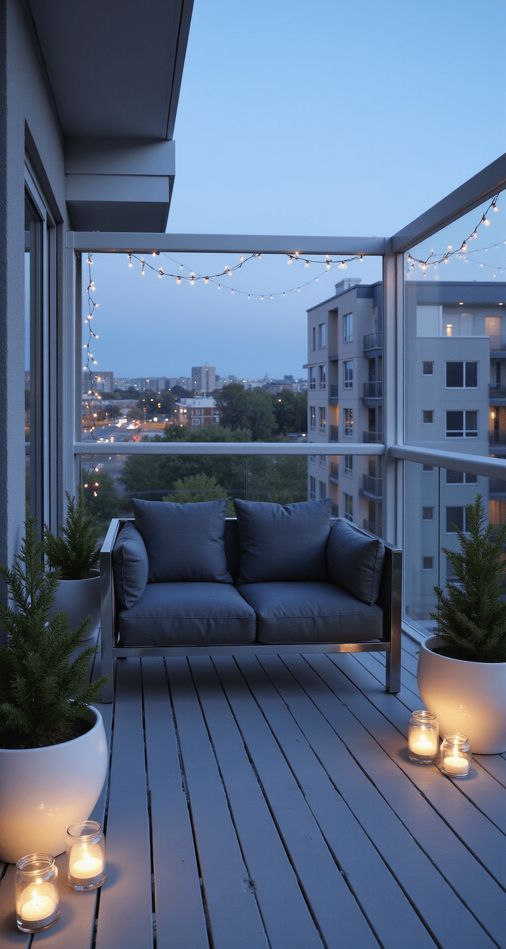 Intimate modern minimalist balcony at dusk featuring a charcoal loveseat, white planters with mini evergreens, and silver wire lights, set against a bokeh city lights background.