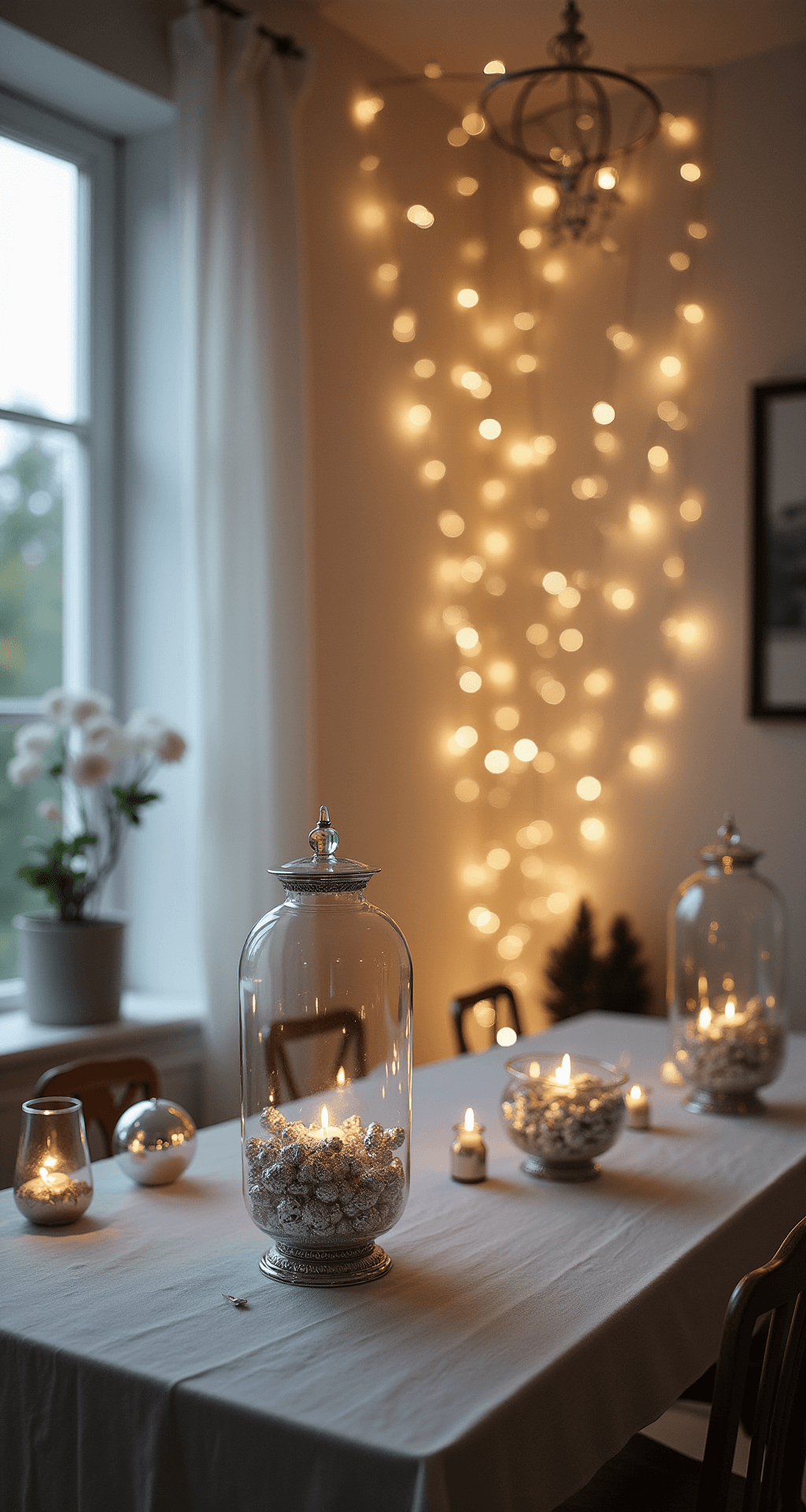 Open-concept space showcasing a monochromatic white theme with varied textures, featuring suspended fairy lights for an ethereal canopy effect, metallic ornaments for light reflection, and multiple light sources, captured at blue hour with a bokeh effect.