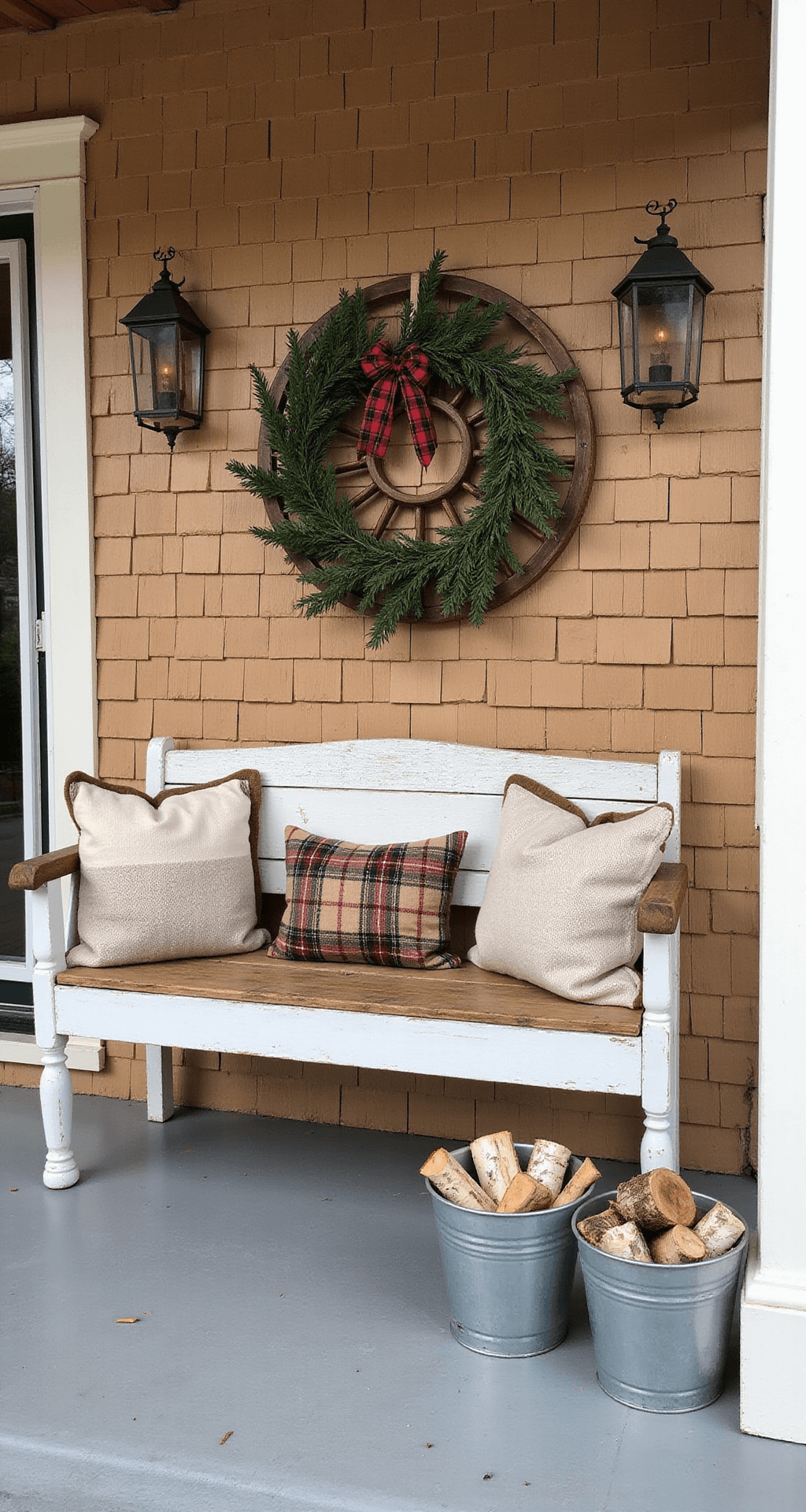 A cozy farmhouse front porch at dawn, featuring natural cedar shake siding, an antique wagon wheel wreath adorned with evergreen branches and a buffalo check ribbon, a distressed white wood bench draped with cream and brown plaid throws, overflowing galvanized buckets of birch logs, and vintage snowshoes and ice skates as wall decor, all enveloped in morning mist and soft diffused light.