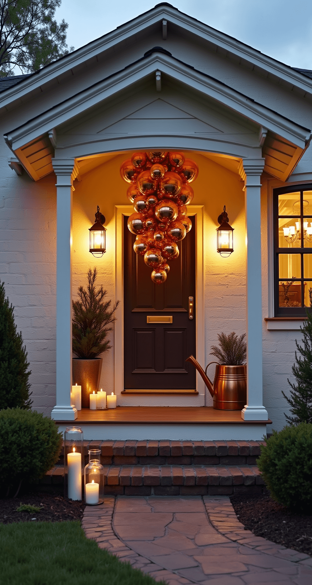 Cozy cottage entrance at twilight with a wide covered porch featuring Victorian trim, dramatic metallic copper and bronze ornaments suspended at varying heights, white-washed brick illuminated by copper lanterns, and a vintage watering can with fresh cedar branches. Captured from a low perspective to emphasize the ornament dimension.