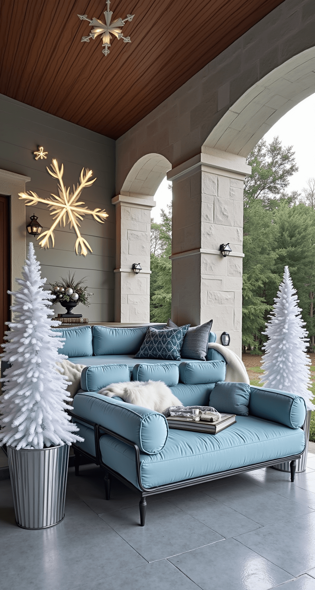 Contemporary craftsman porch adorned with architectural stone columns, featuring oversized illuminated snowflake projections, modern metal planters with white-flocked mini trees, and a sleek grey outdoor sectional with ice blue velvet cushions and white faux fur throws. Dramatic white paper star lanterns hang above, captured from a slight elevation at 24mm to showcase geometric patterns against a winter wonderland backdrop.