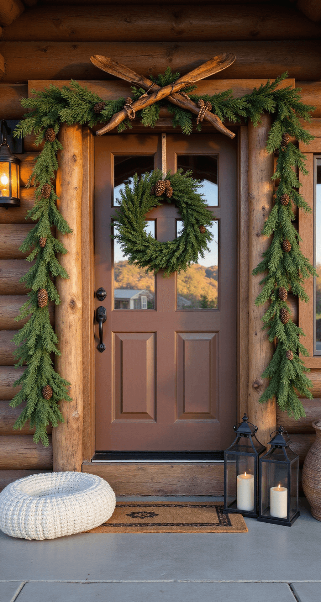 A rustic mountain cabin entrance at sunset features a timber-frame porch adorned with natural garland of pine and grapevine intertwined with copper wire lights. Vintage wooden skis cross above a rough-hewn door, while chunky knit cream poufs sit beside iron lanterns with real candles. The scene is captured at a corner angle, showcasing an earth-tone palette with copper accents, all illuminated by golden hour light.