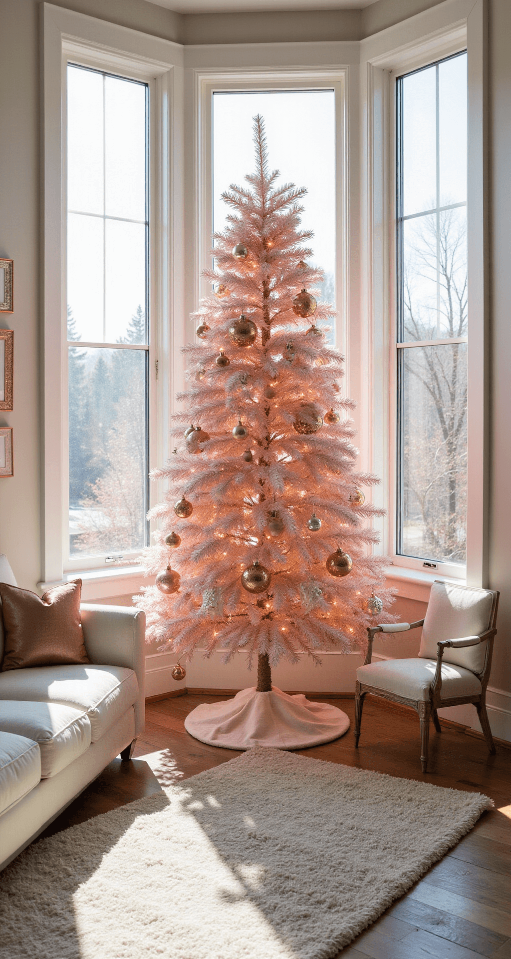 A contemporary living room with a 7' pink artificial Christmas tree in a bay window, decorated with gold and crystal ornaments, warm white lights, and blush glass baubles, complemented by a modern white sectional and herringbone oak floors, bathed in morning sunlight.