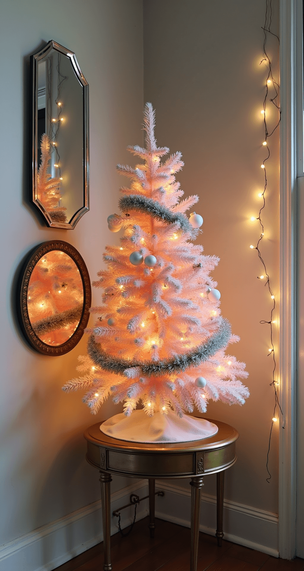 Cozy studio apartment corner decorated for the holidays, featuring a pastel pink Christmas tree on a brass Art Deco console, adorned with white ceramic ornaments and silver tinsel, set against dove grey walls and framed by vintage mirrors reflecting warm candlelight and twinkle lights.