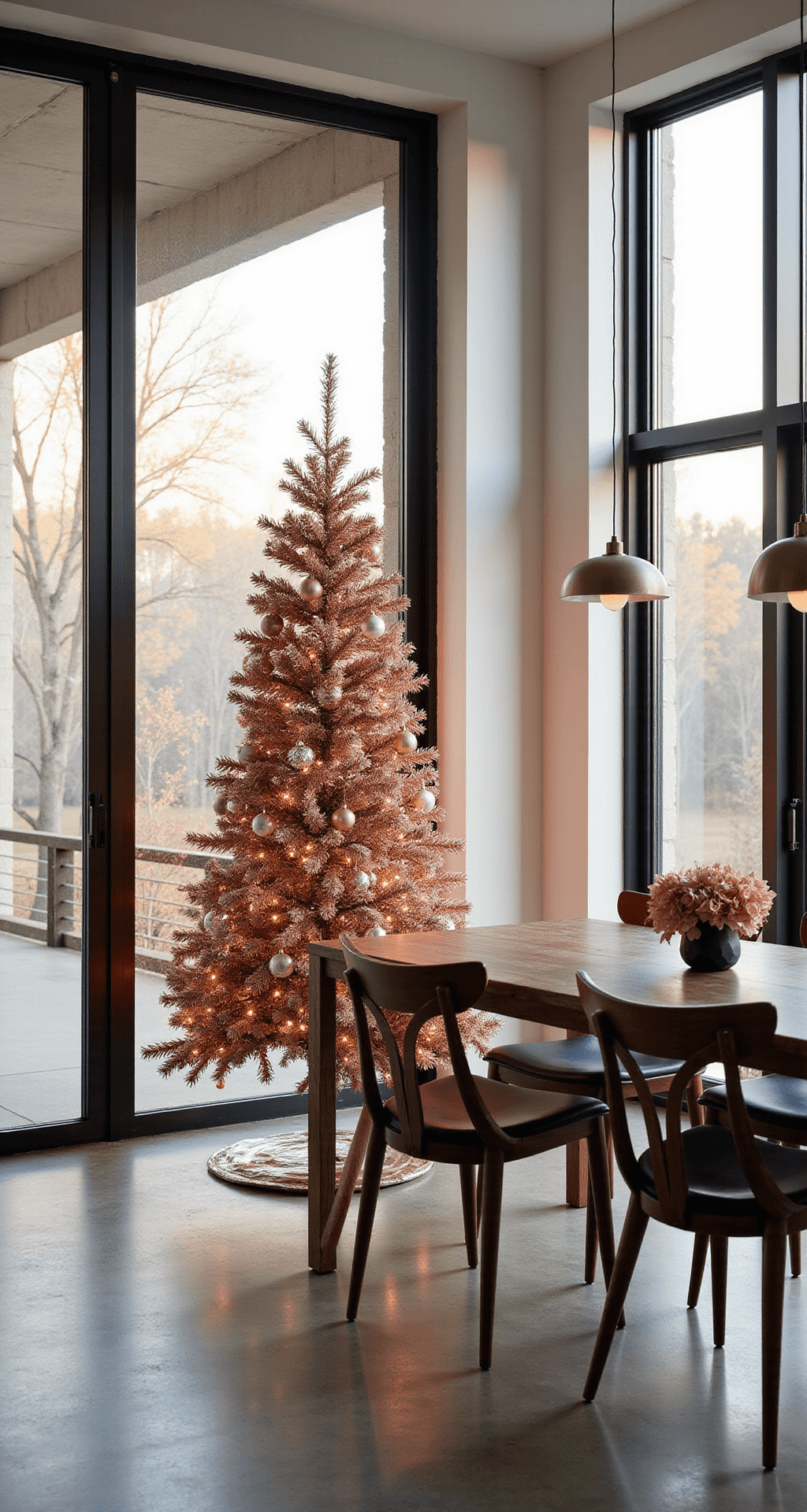 A modern minimalist dining room with a 6-foot metallic rose gold Christmas tree adorned with blush and copper geometric ornaments, positioned between black steel-framed windows. The space features concrete floors, white walls, and a black walnut dining table, all captured at golden hour to highlight warm metallic reflections and long shadows.
