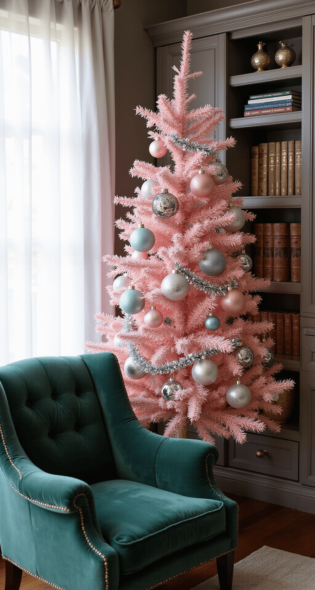 Cozy reading nook featuring a vintage-inspired bubblegum pink tree next to built-in bookshelves, decorated with Victorian-style ornaments and antique silver tinsel. An emerald green velvet armchair adds contrast, while afternoon light filters through sheer curtains, creating a dreamy atmosphere with soft bokeh.