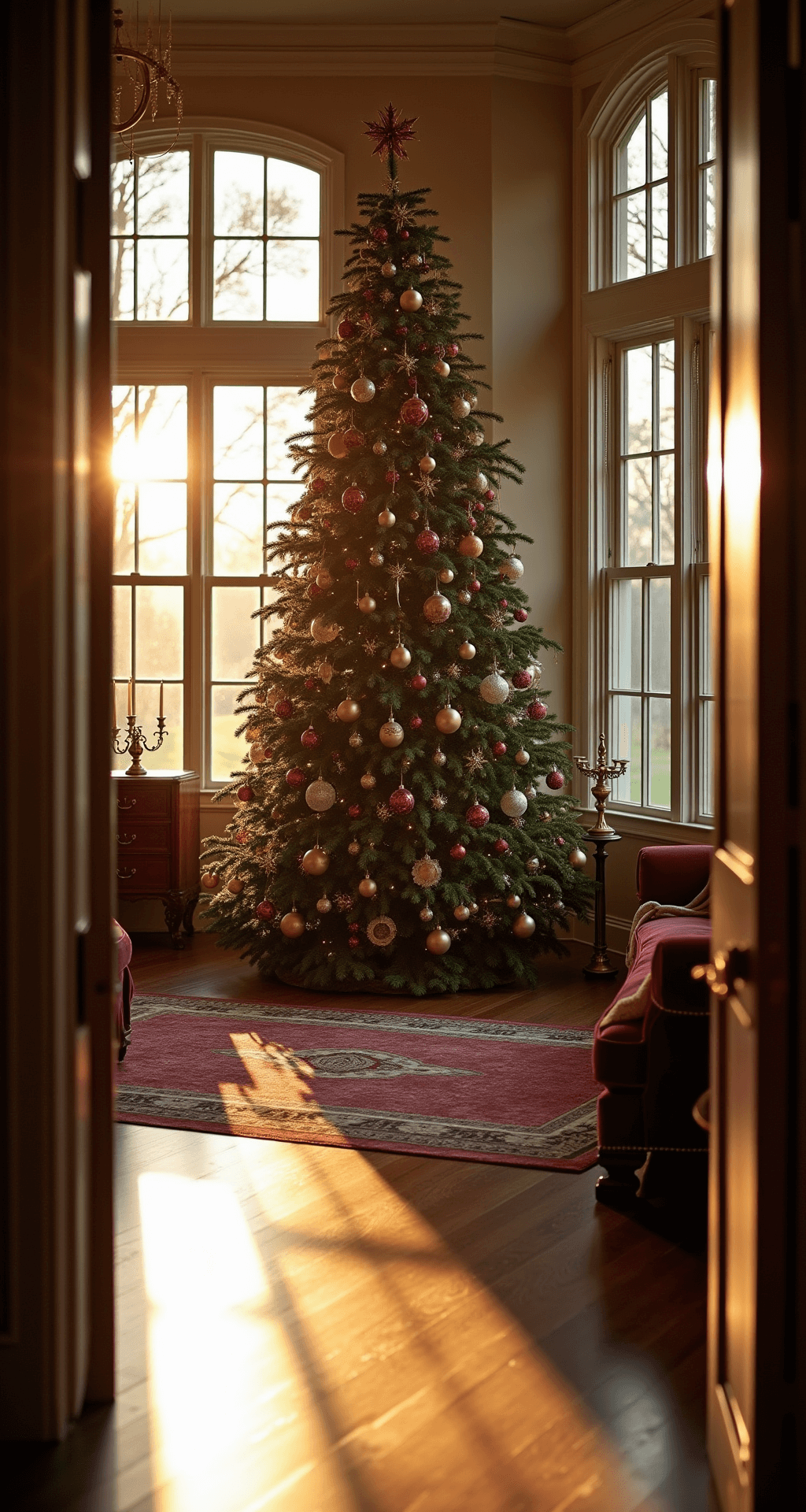 A Victorian-style living room with a majestic Christmas tree adorned with vintage glass ornaments, framed by period furniture, bathed in warm sunlight from bay windows, creating a nostalgic atmosphere.