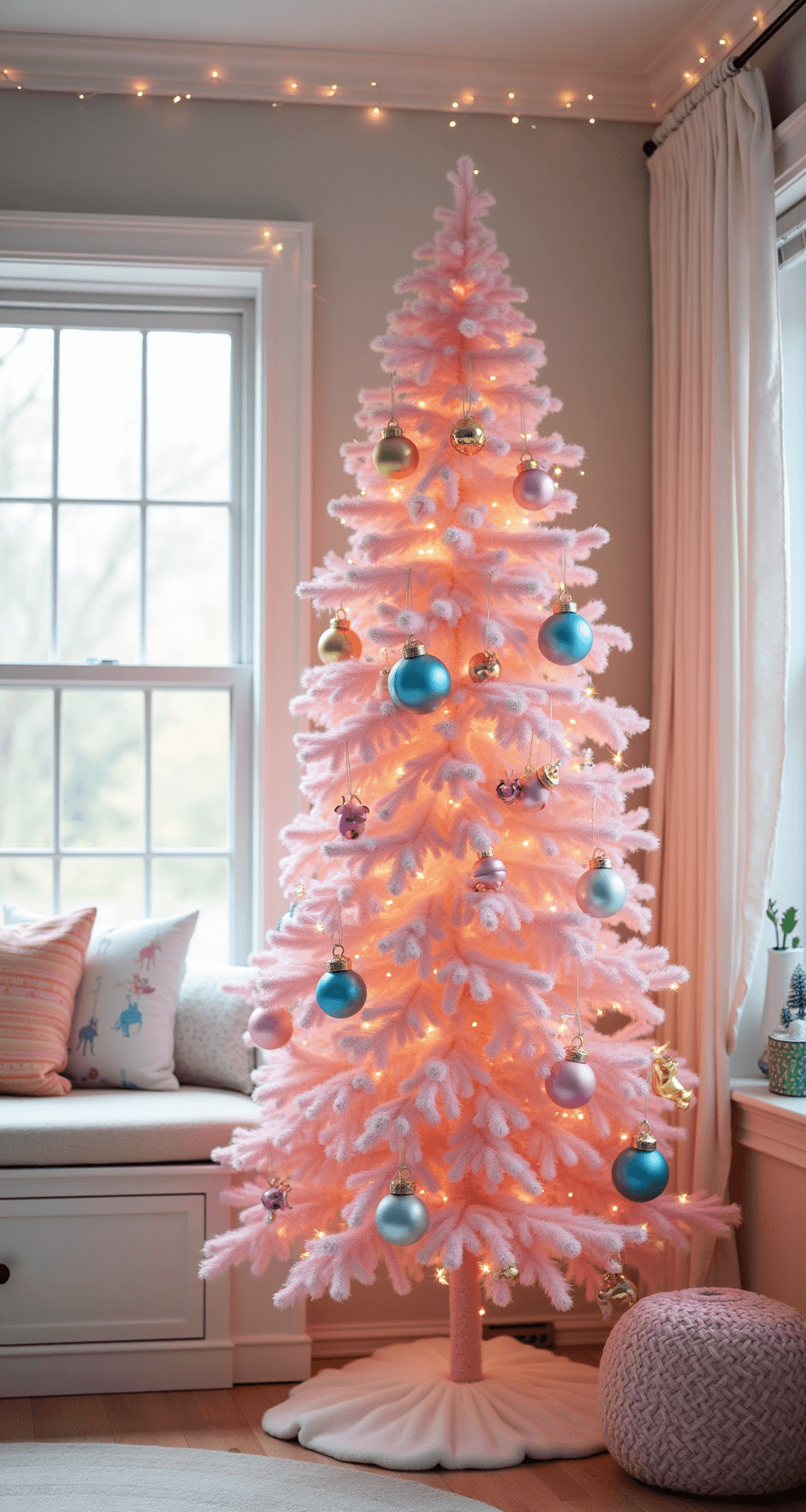 A whimsical children's playroom with a 6-foot cotton candy pink tree adorned with rainbow pastel ornaments, unicorn figurines, and iridescent ribbon, complemented by a custom built-in window seat with pastel cushions, warm white twinkle lights reflecting off pearl white walls, captured at child's eye level in mid-morning light.